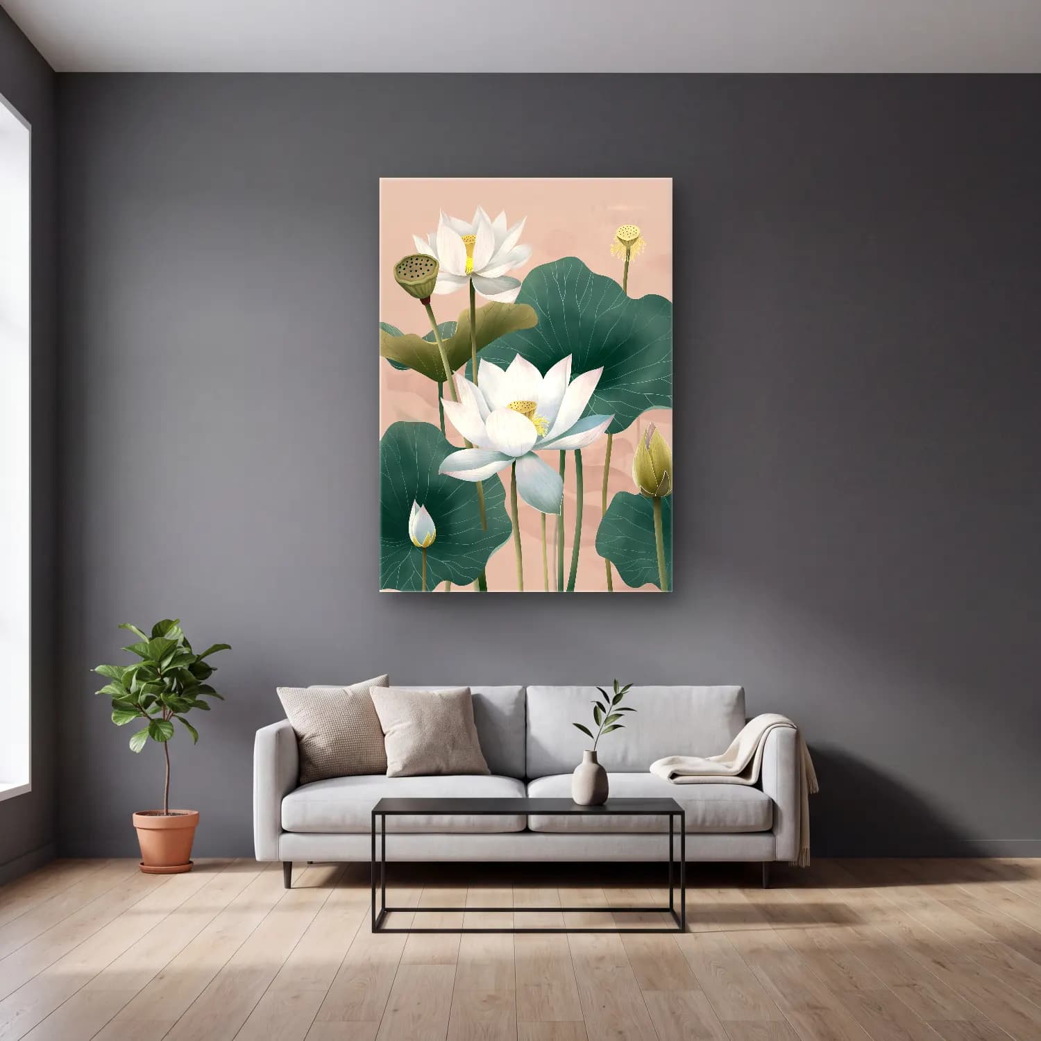 Pastel Lotus Çiçekleri – Pastel Tonlar cam tablo — gri duvarlı salonda