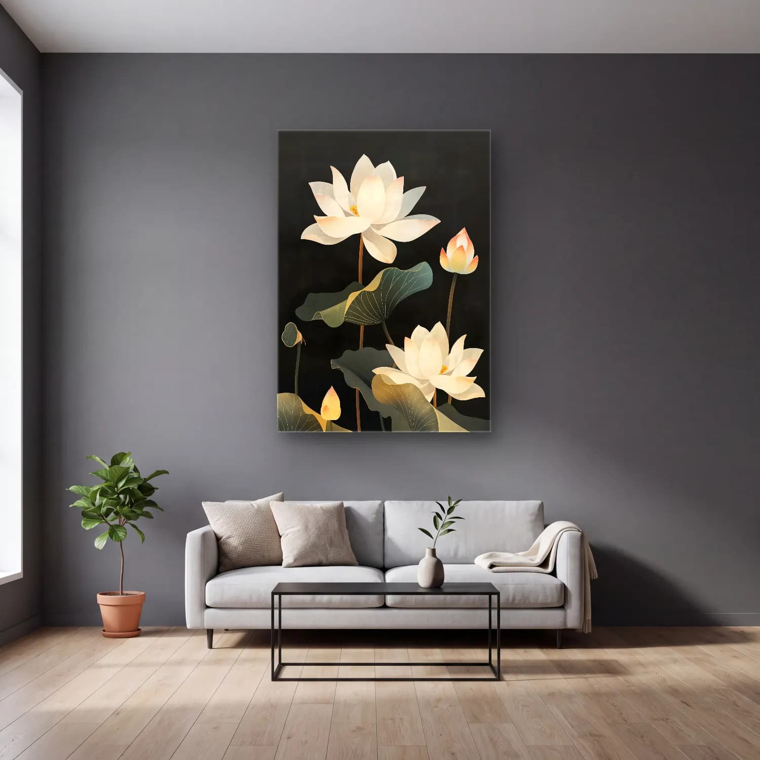 Botanik İllüstrasyon Lotus Çiçekleri cam tablo — gri duvarlı salonda