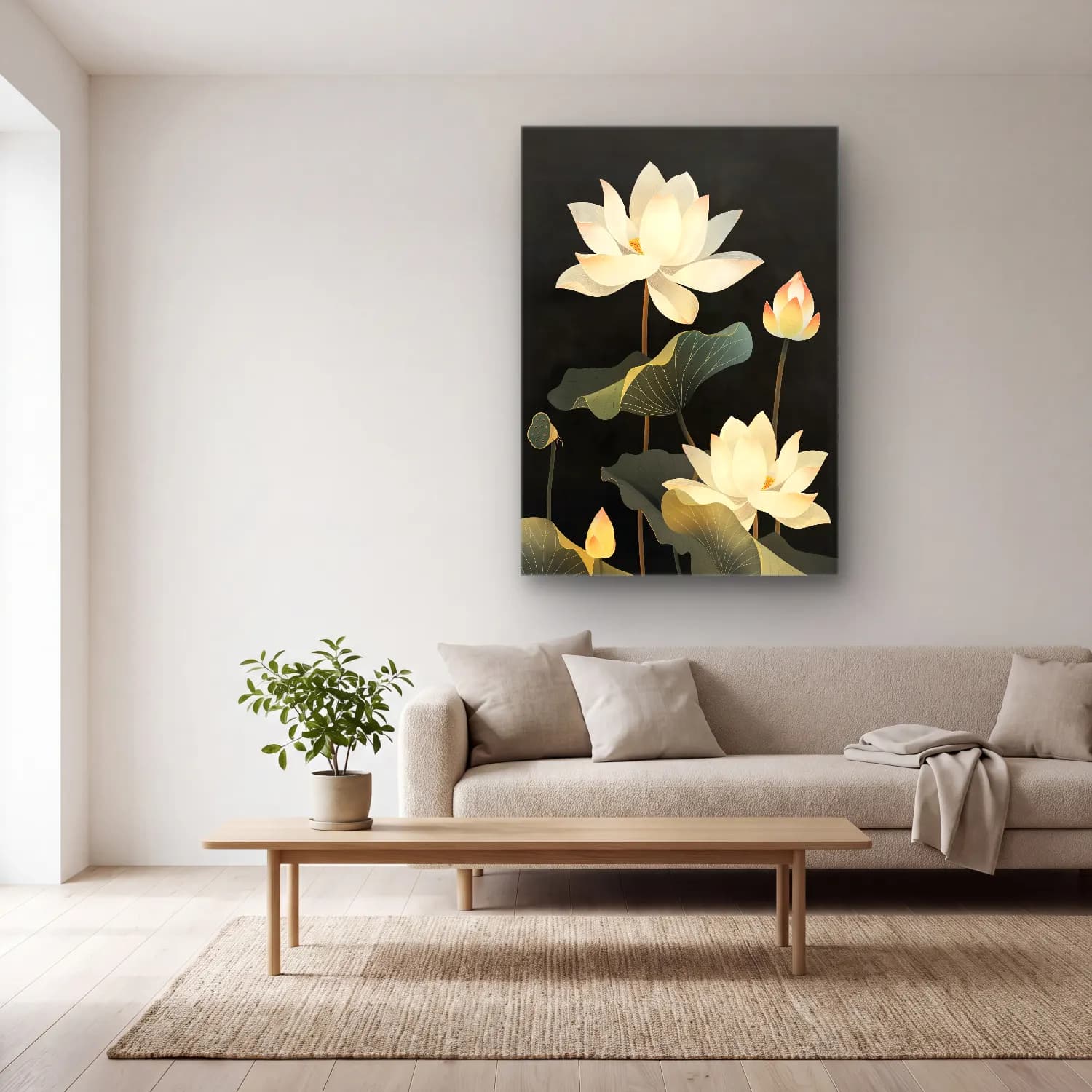 Botanik İllüstrasyon Lotus Çiçekleri cam tablo — açık renk salonda