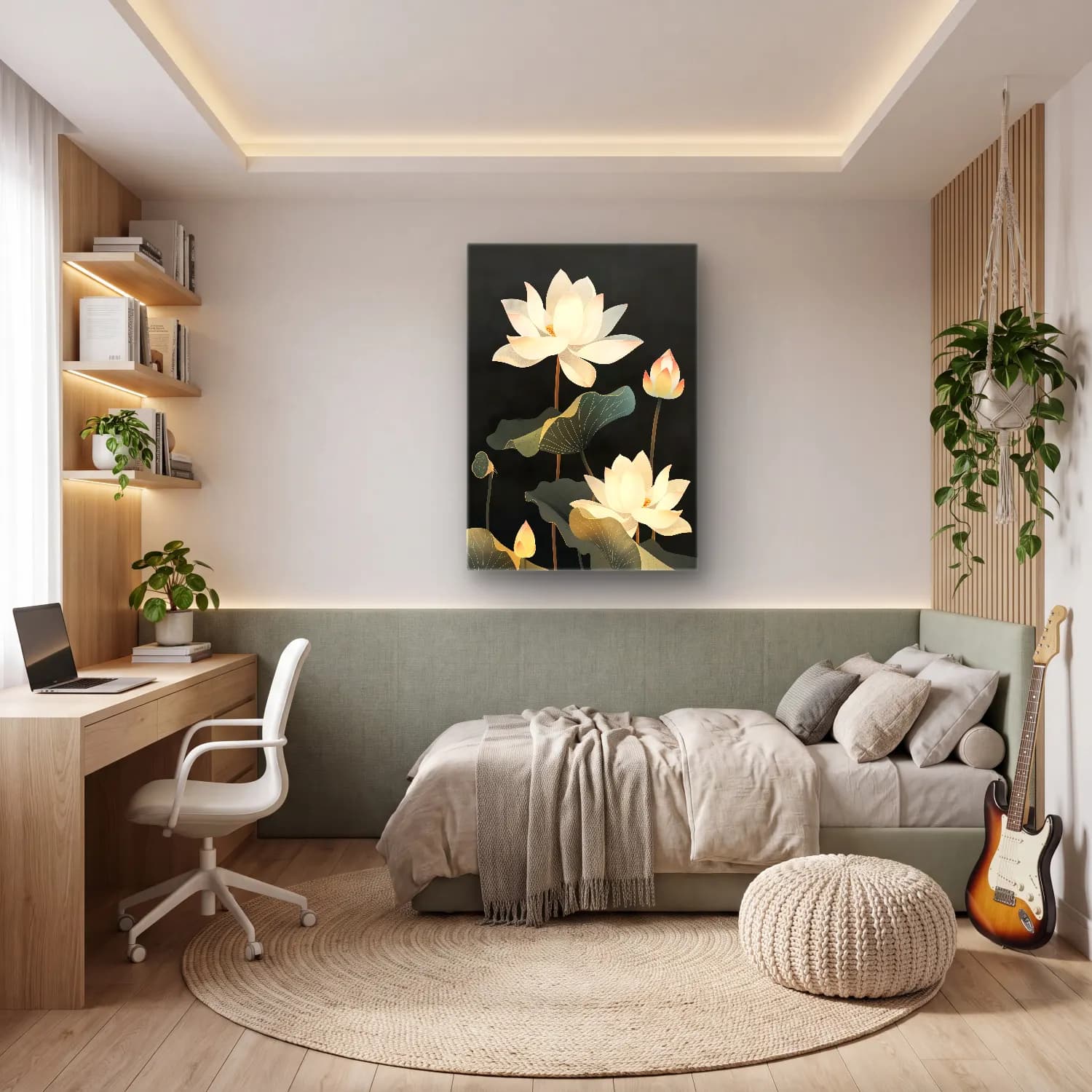 Botanik İllüstrasyon Lotus Çiçekleri cam tablo — genç odasında