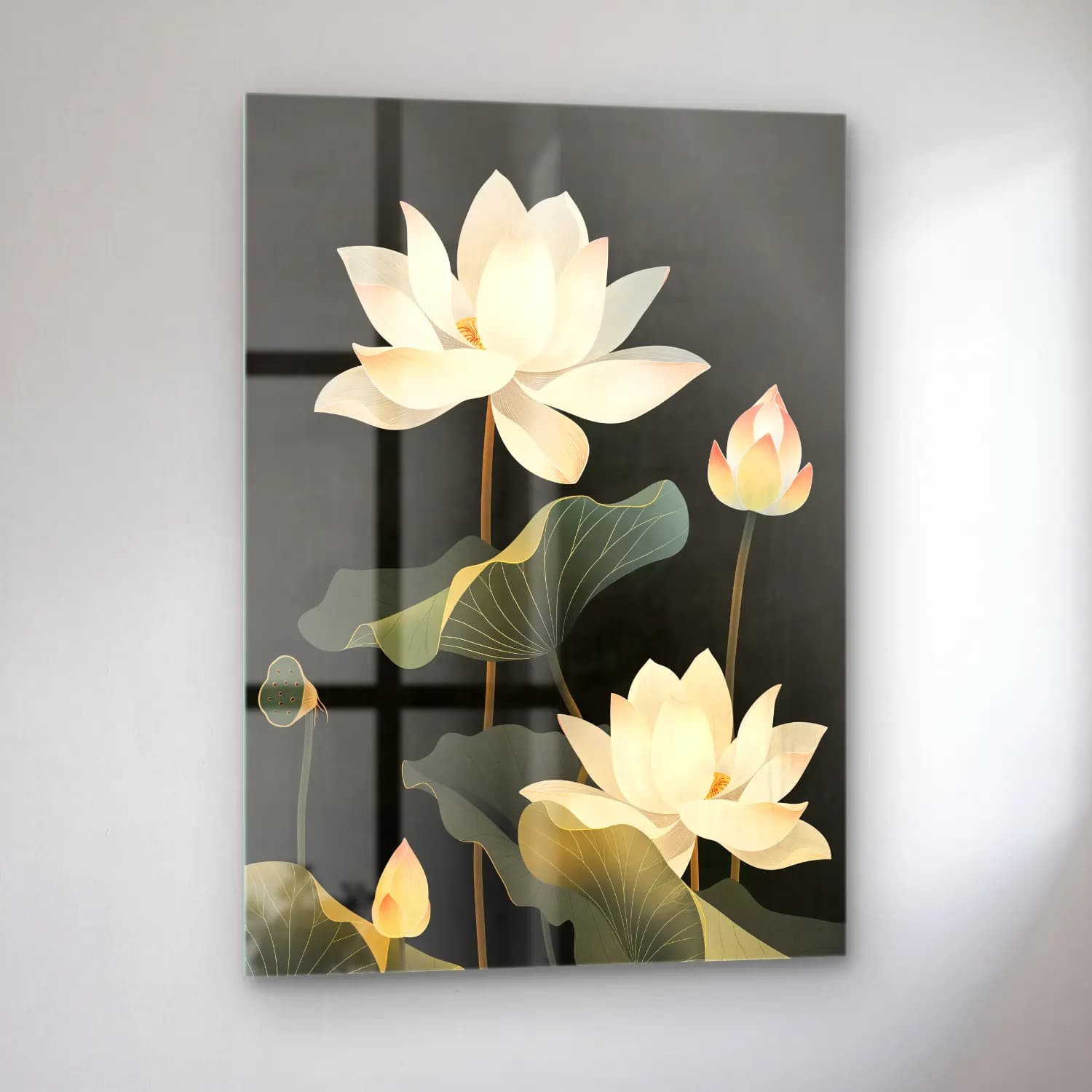 Botanik İllüstrasyon Lotus Çiçekleri cam tablo — sol açıdan görünüm