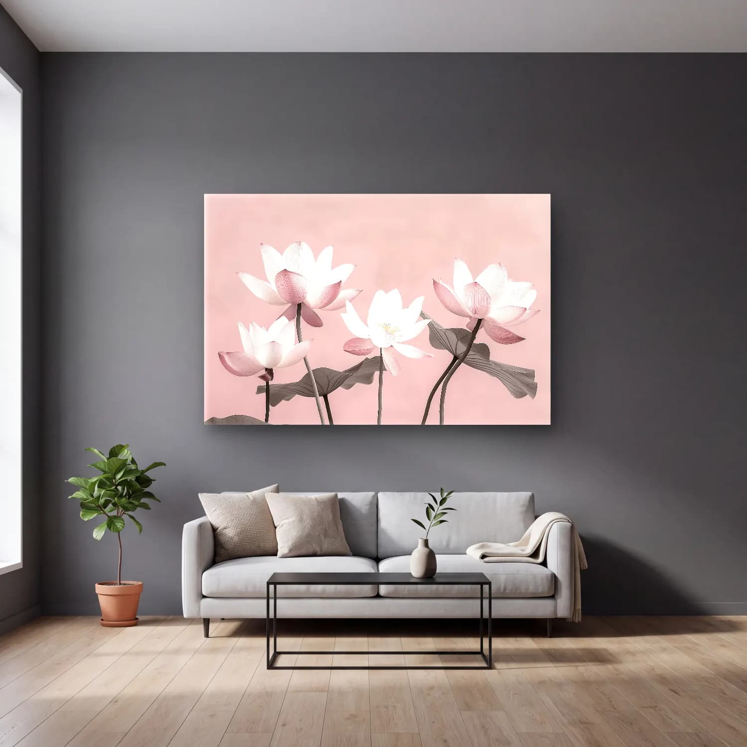 Pastel Lotus Çiçekleri No. 7 cam tablo — gri duvarlı salonda
