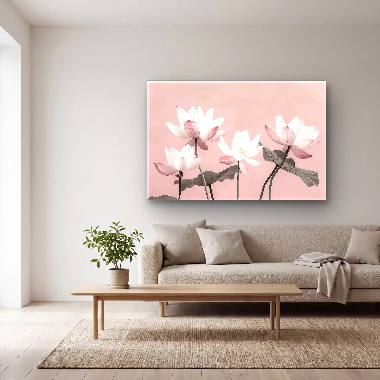 Pastel Lotus Çiçekleri No. 7 cam tablo — açık renk salonda