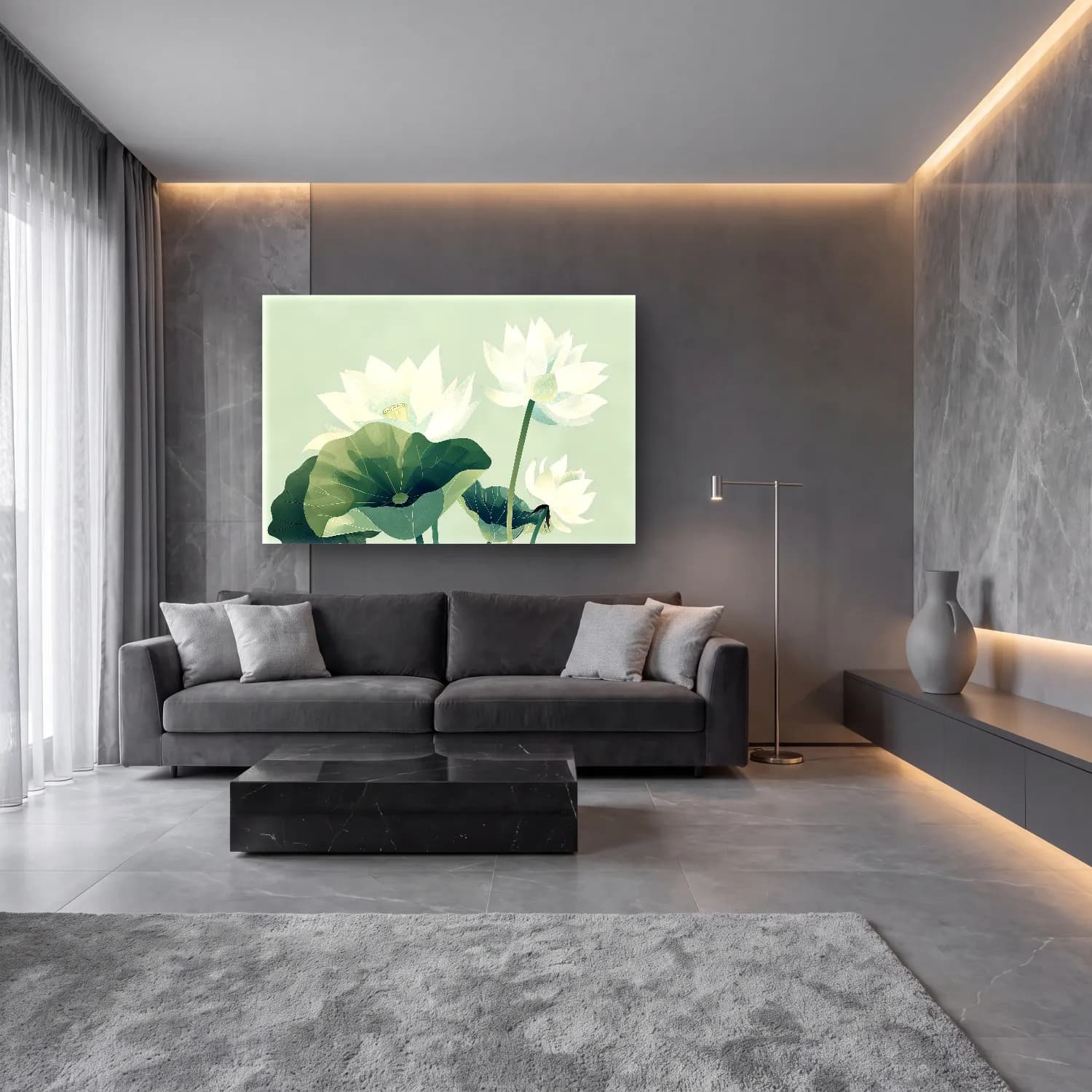 Botanik İllüstrasyon Lotus Çiçekleri – Turkuaz Tonlar cam tablo — lüks salon duvarında