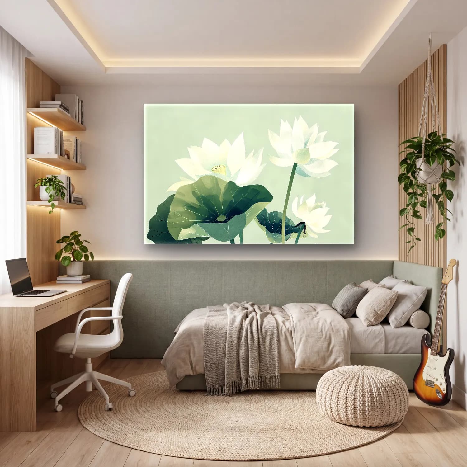 Botanik İllüstrasyon Lotus Çiçekleri – Turkuaz Tonlar cam tablo — genç odasında