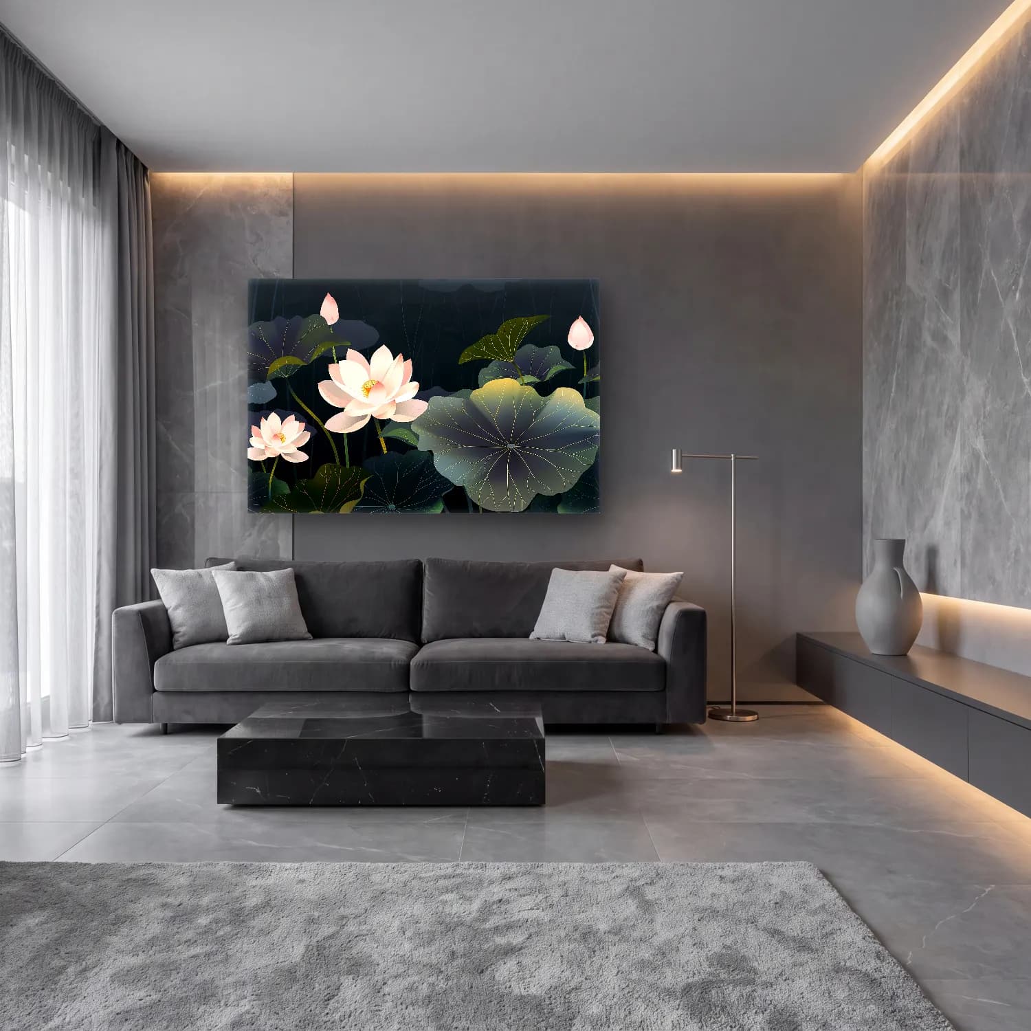 Botanik İllüstrasyon Lotus Çiçekleri – Pastel Tonlar cam tablo — lüks salon duvarında