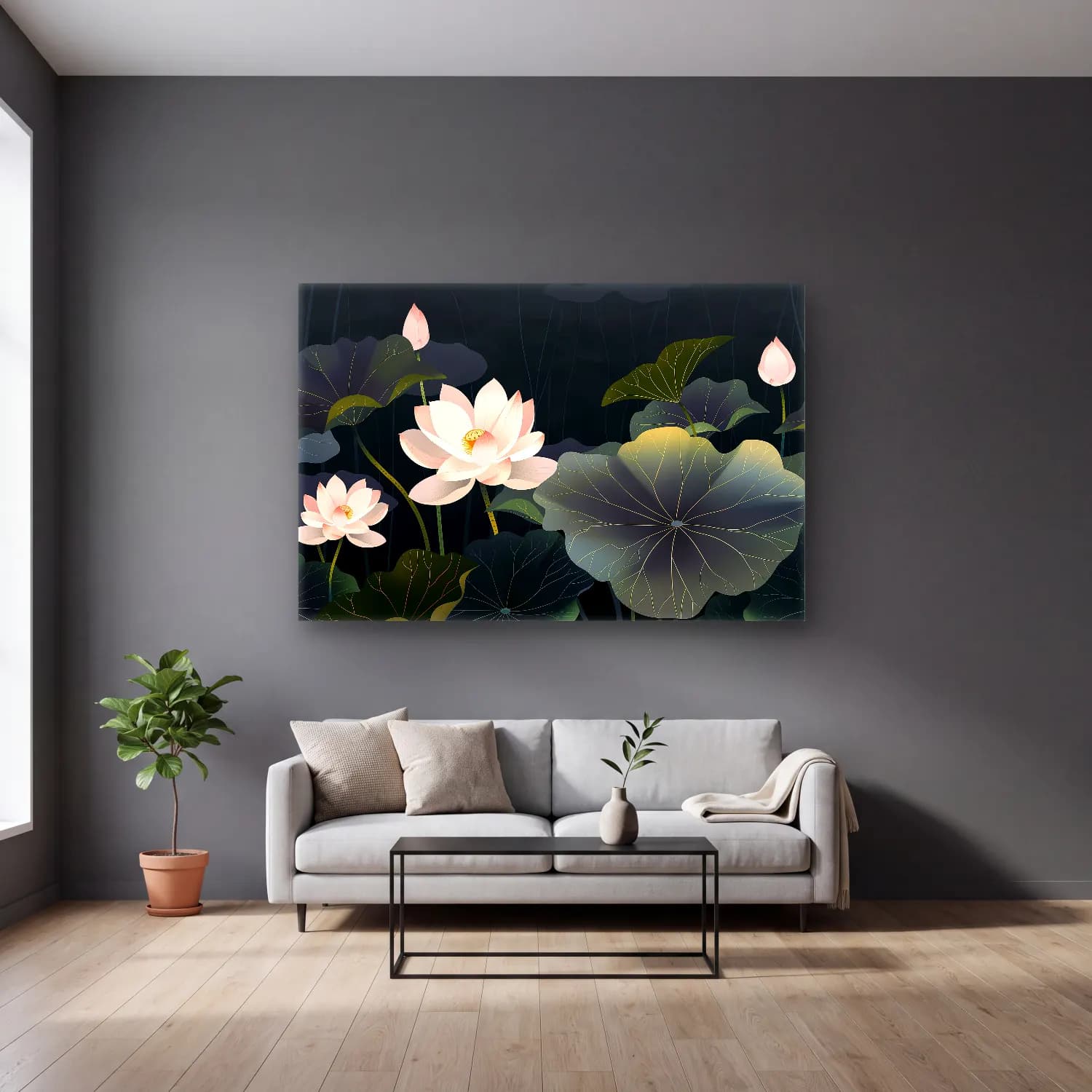 Botanik İllüstrasyon Lotus Çiçekleri – Pastel Tonlar cam tablo — gri duvarlı salonda