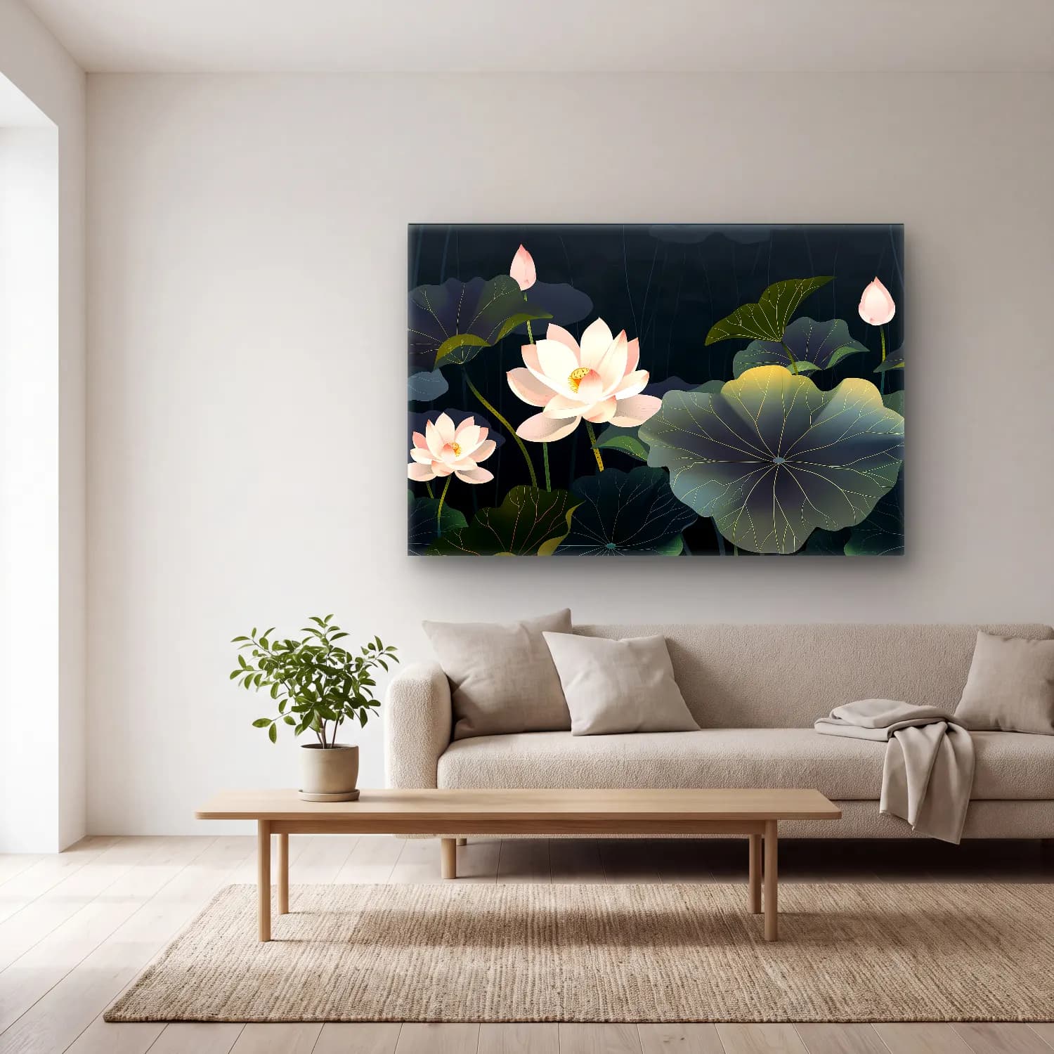 Botanik İllüstrasyon Lotus Çiçekleri – Pastel Tonlar cam tablo — açık renk salonda