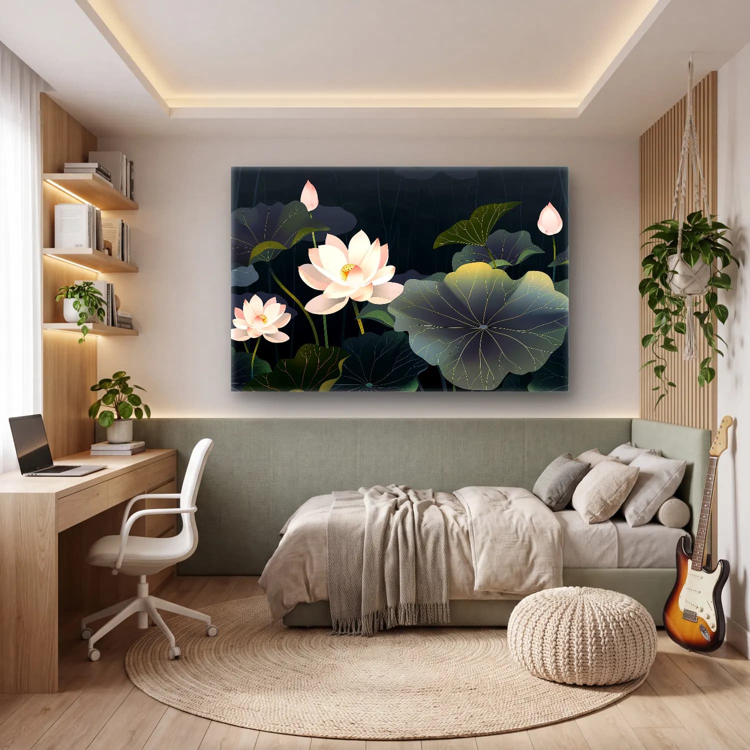 Botanik İllüstrasyon Lotus Çiçekleri – Pastel Tonlar cam tablo — genç odasında