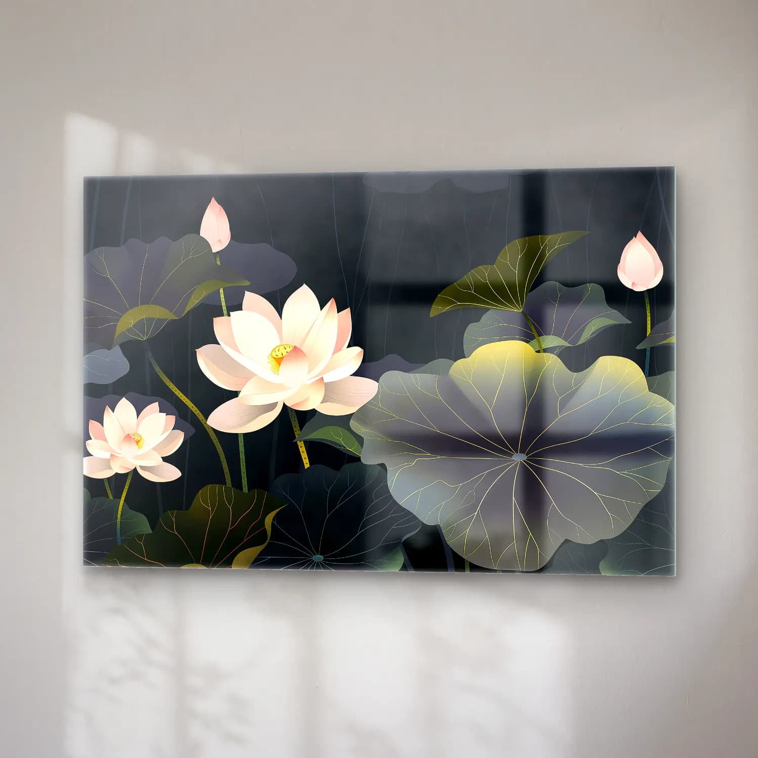 Botanik İllüstrasyon Lotus Çiçekleri – Pastel Tonlar cam tablo — sağ açıdan görünüm