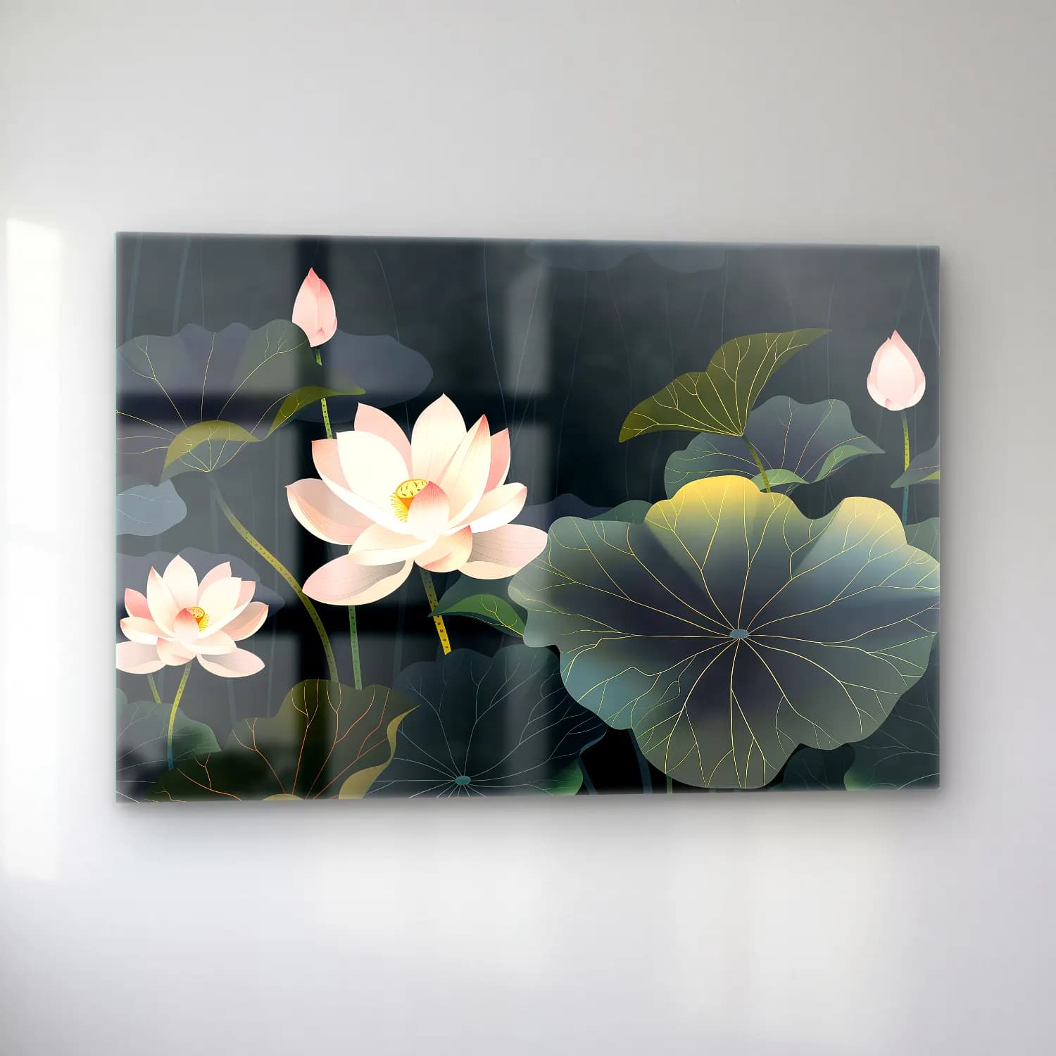 Botanik İllüstrasyon Lotus Çiçekleri – Pastel Tonlar cam tablo — sol açıdan görünüm