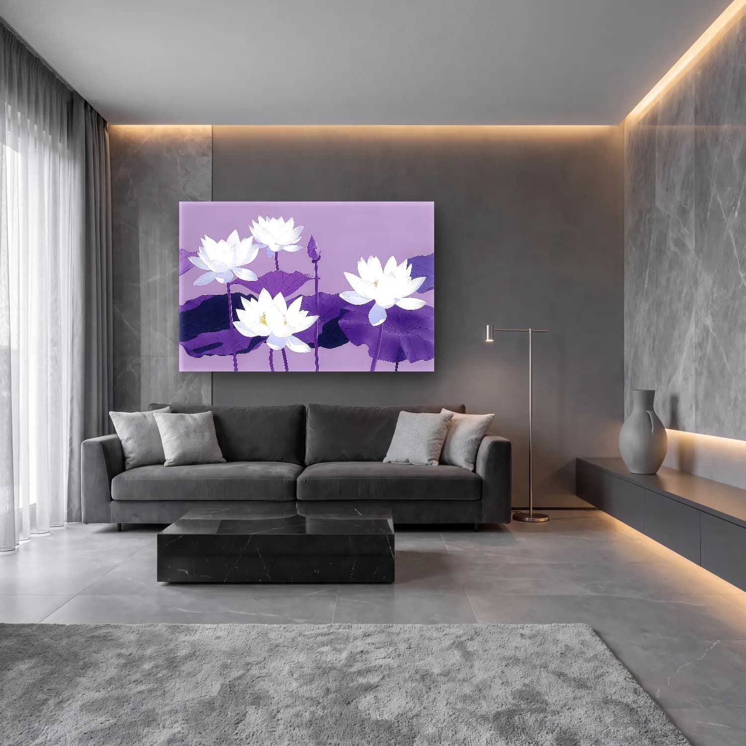 Botanik İllüstrasyon Lotus Çiçekleri – Mor Tonlar cam tablo — lüks salon duvarında