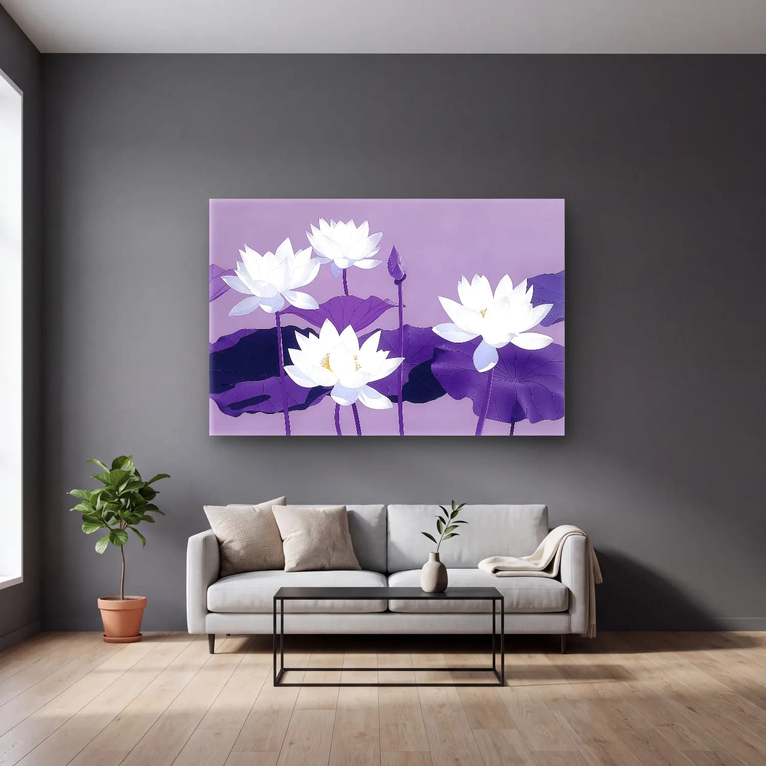 Botanik İllüstrasyon Lotus Çiçekleri – Mor Tonlar cam tablo — gri duvarlı salonda