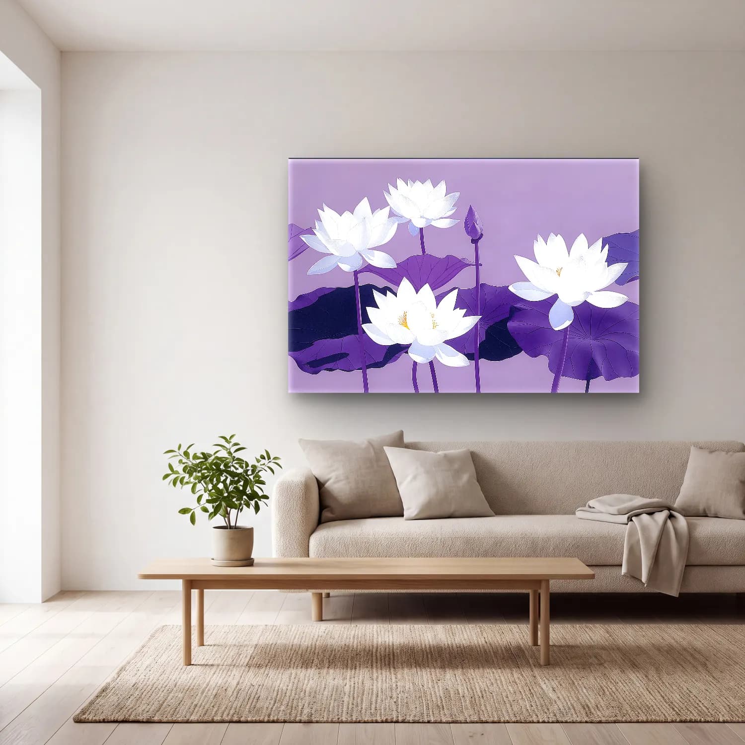 Botanik İllüstrasyon Lotus Çiçekleri – Mor Tonlar cam tablo — açık renk salonda
