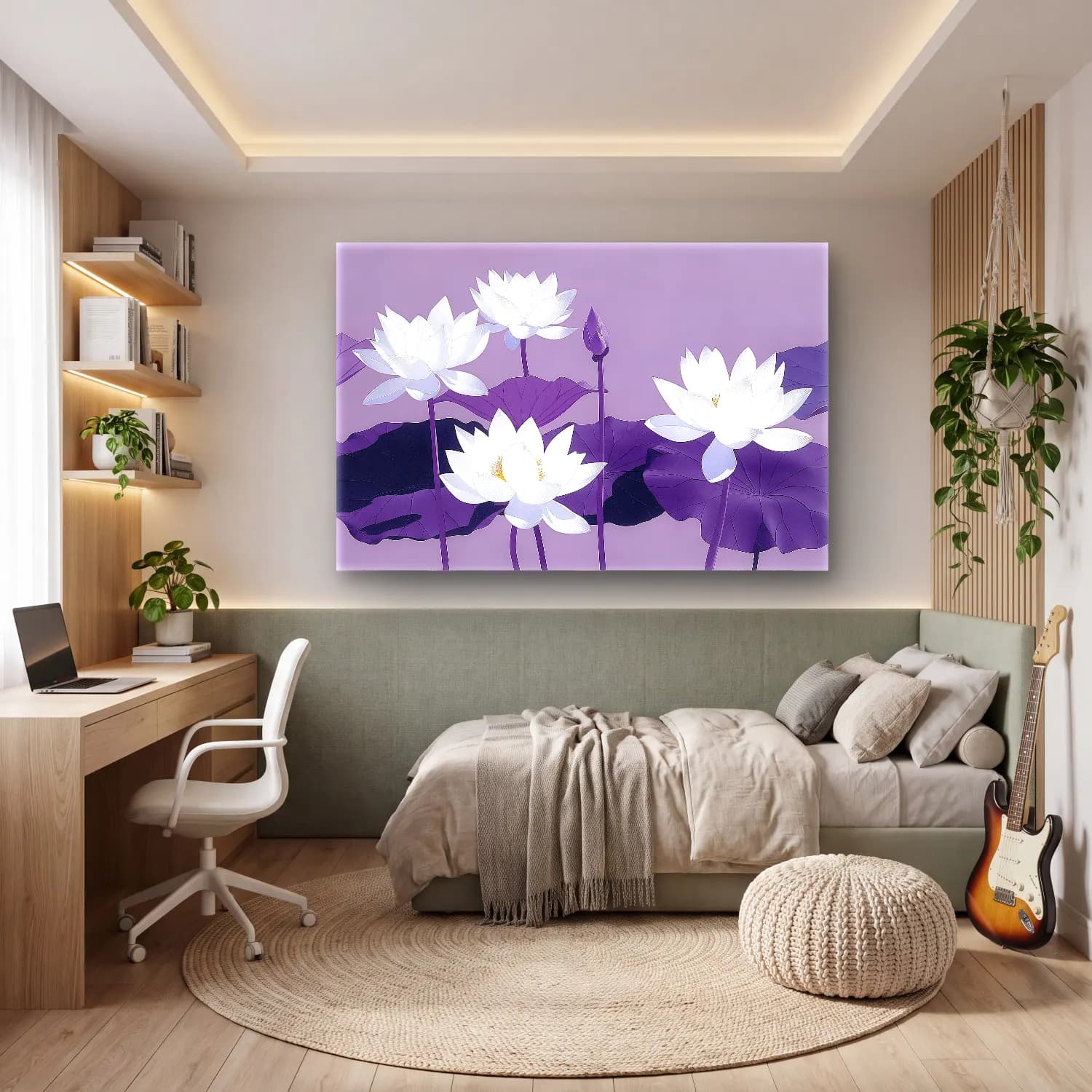 Botanik İllüstrasyon Lotus Çiçekleri – Mor Tonlar cam tablo — genç odasında