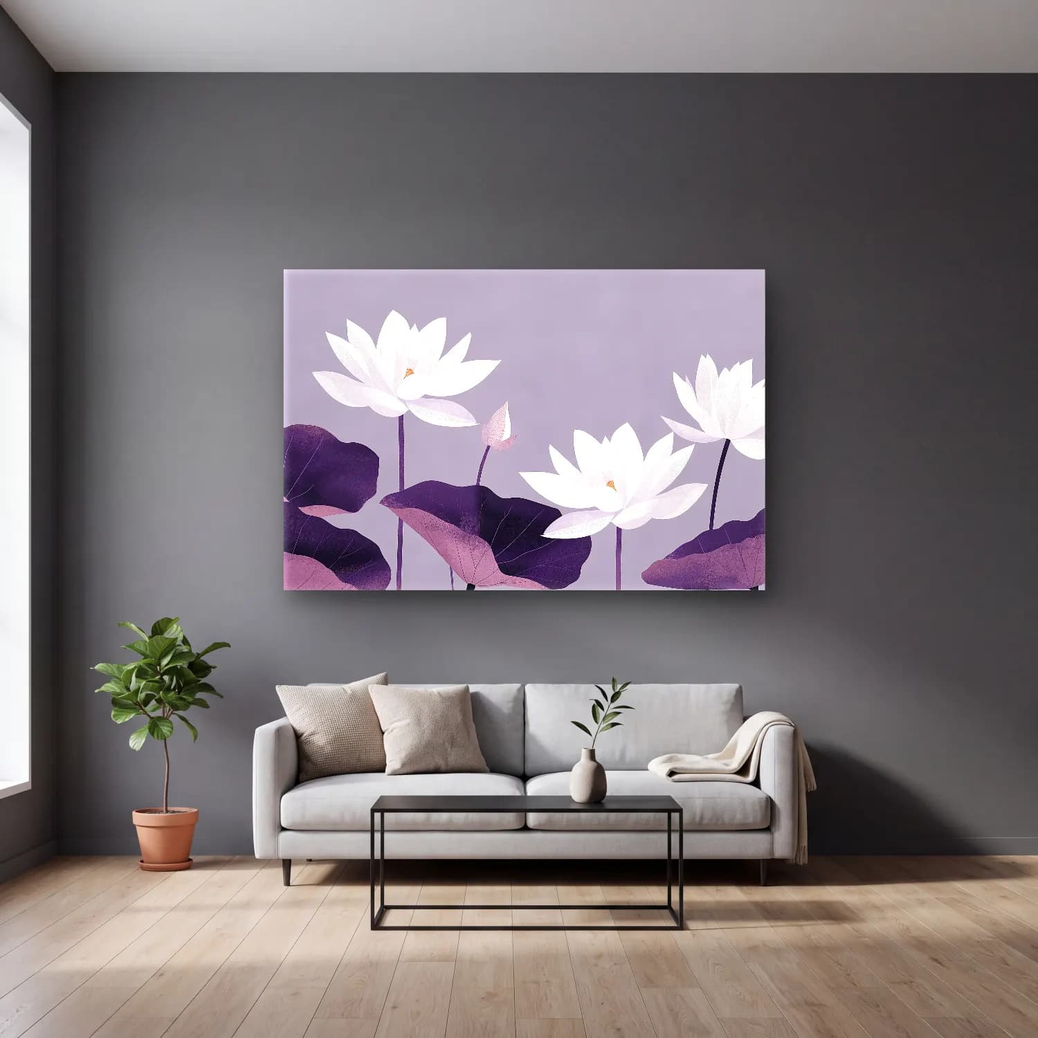 Botanik İllüstrasyon Lotus Çiçekleri No. 6 cam tablo — gri duvarlı salonda