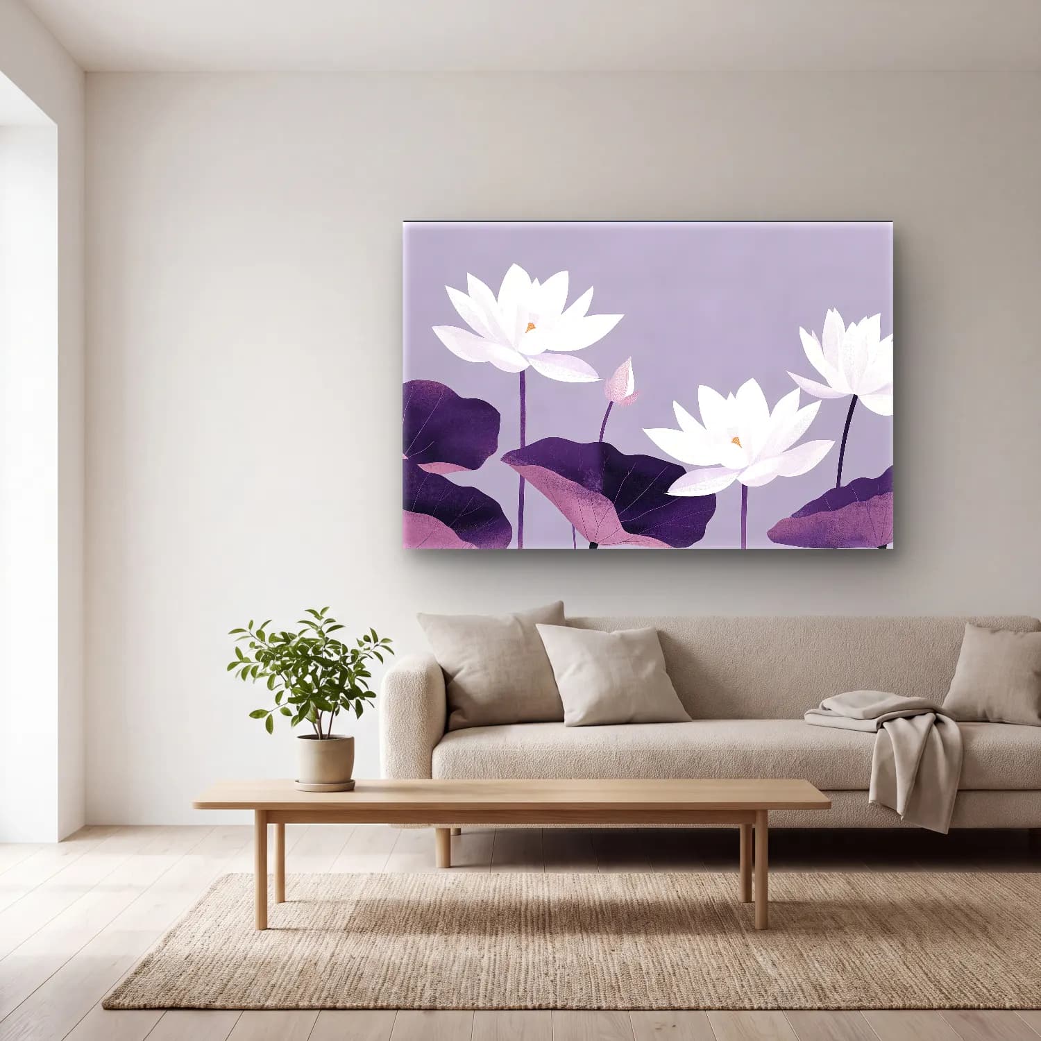 Botanik İllüstrasyon Lotus Çiçekleri No. 6 cam tablo — açık renk salonda