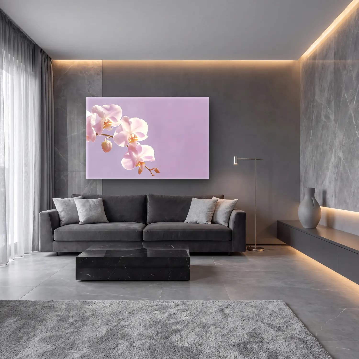 Pastel Orkideler cam tablo — lüks salon duvarında