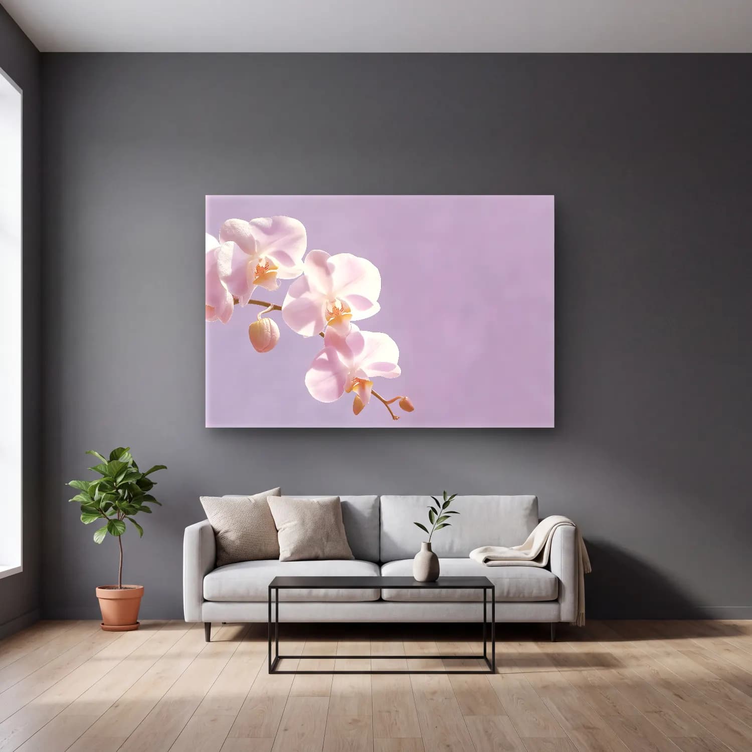Pastel Orkideler cam tablo — gri duvarlı salonda