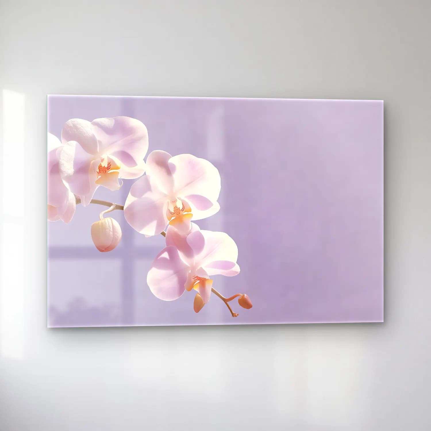 Pastel Orkideler cam tablo — sol açıdan görünüm