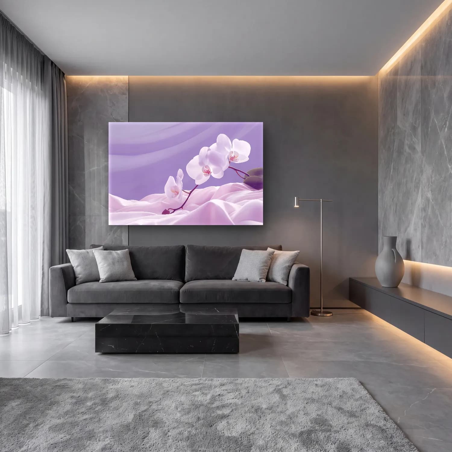Pastel Orkideler – Mor Tonlar cam tablo — lüks salon duvarında