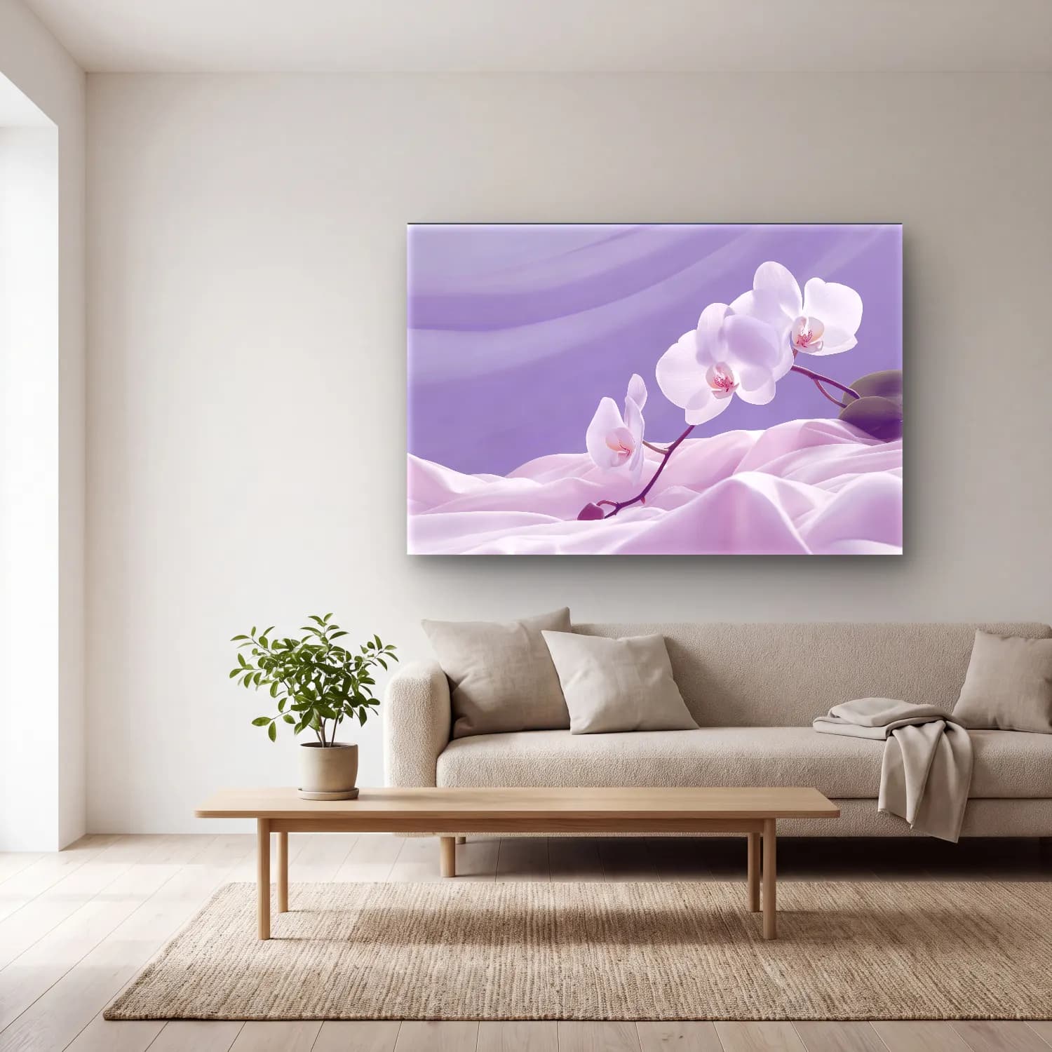 Pastel Orkideler – Mor Tonlar cam tablo — açık renk salonda