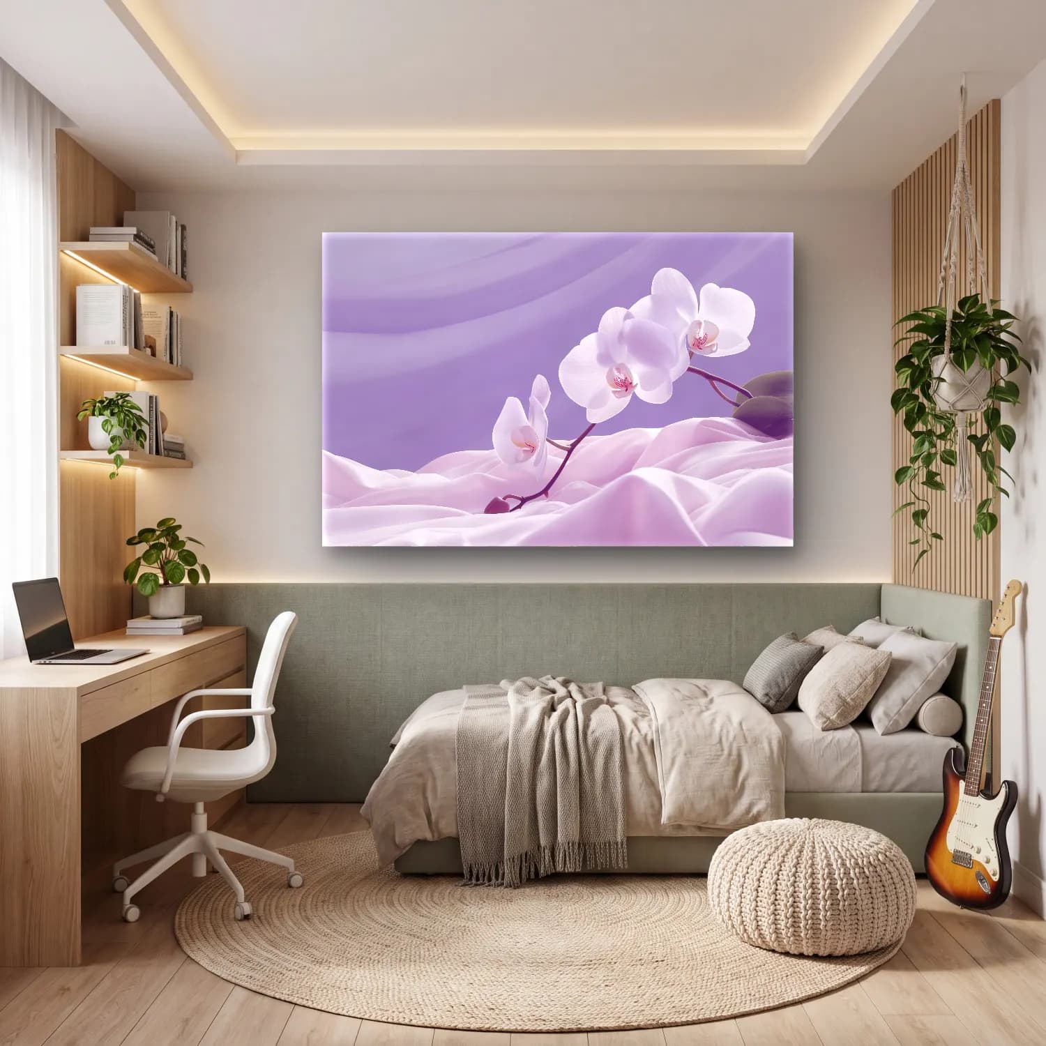 Pastel Orkideler – Mor Tonlar cam tablo — genç odasında