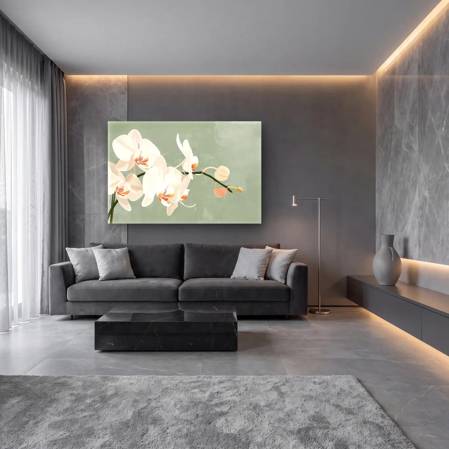 Pastel Orkideler No. 5 cam tablo — lüks salon duvarında