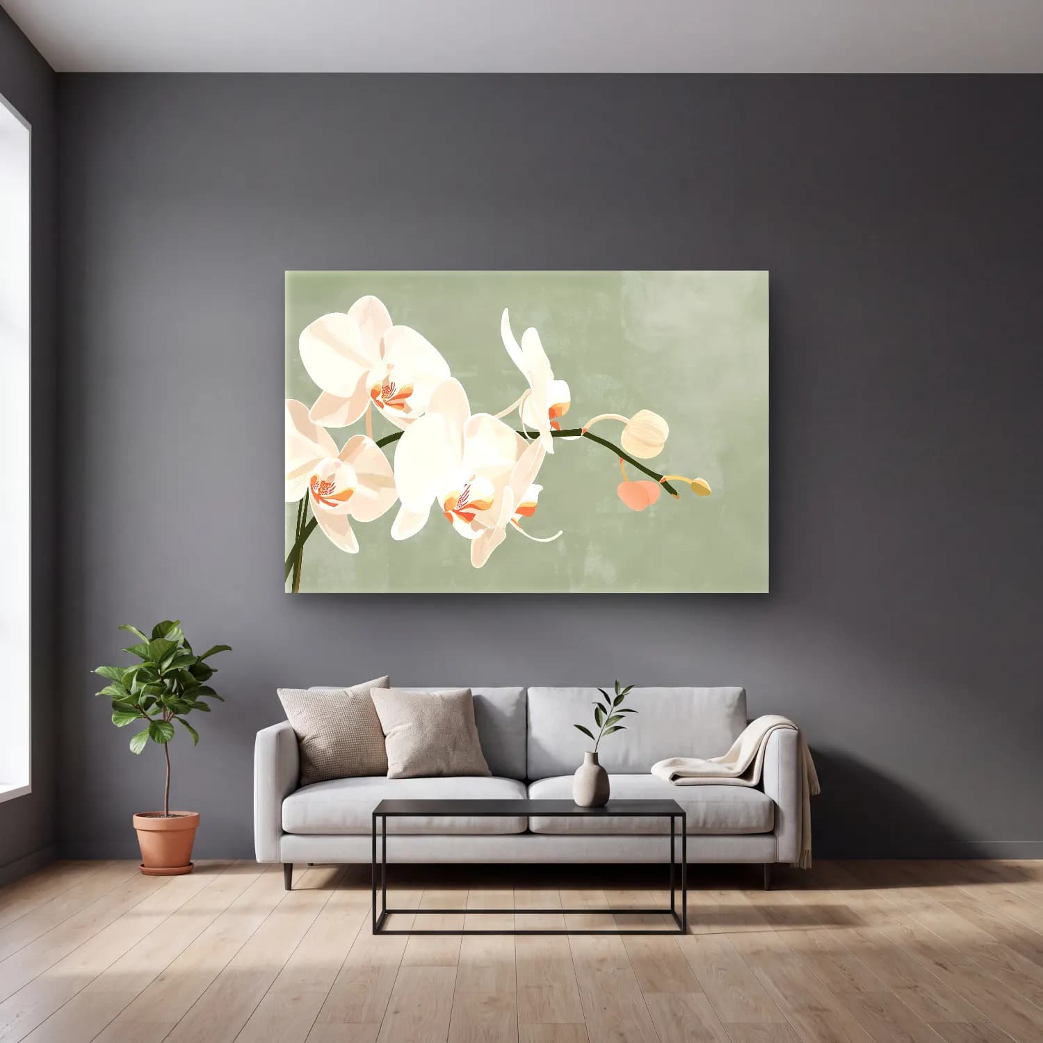 Pastel Orkideler No. 5 cam tablo — gri duvarlı salonda