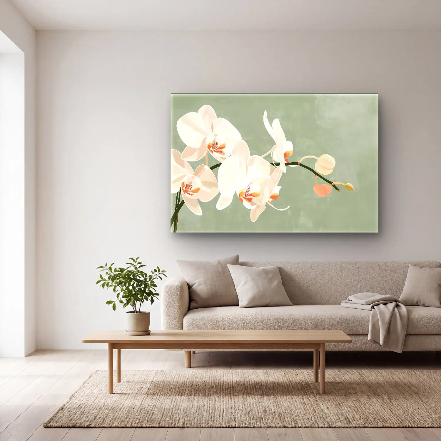 Pastel Orkideler No. 5 cam tablo — açık renk salonda