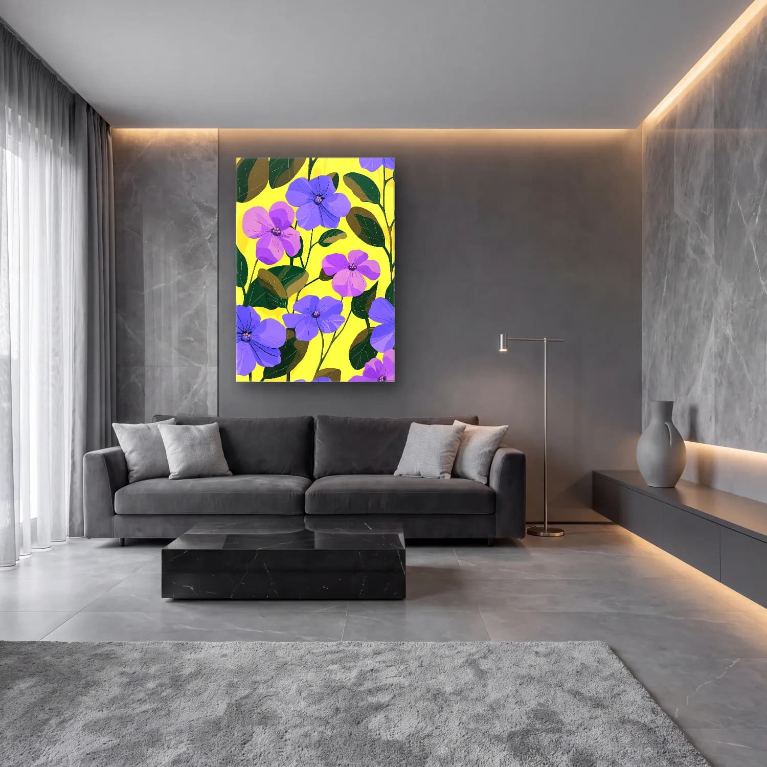 Pastel Çiçek Deseni No. 27 cam tablo — lüks salon duvarında