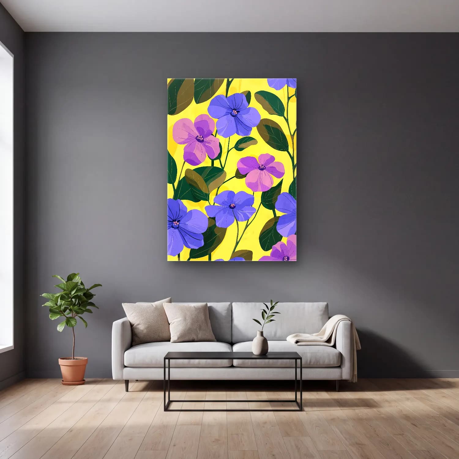 Pastel Çiçek Deseni No. 27 cam tablo — gri duvarlı salonda