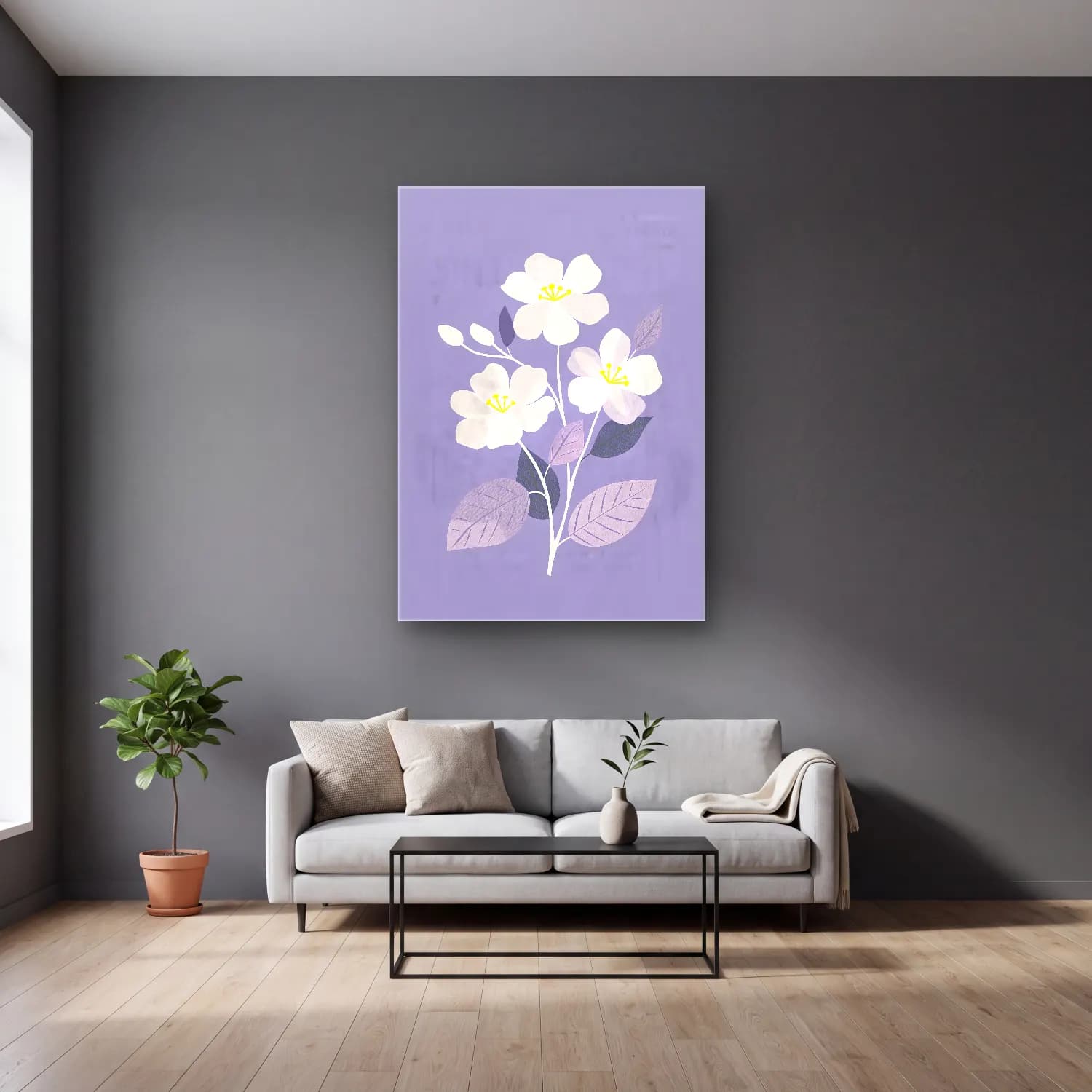 Pastel Manolya No. 4 cam tablo — gri duvarlı salonda