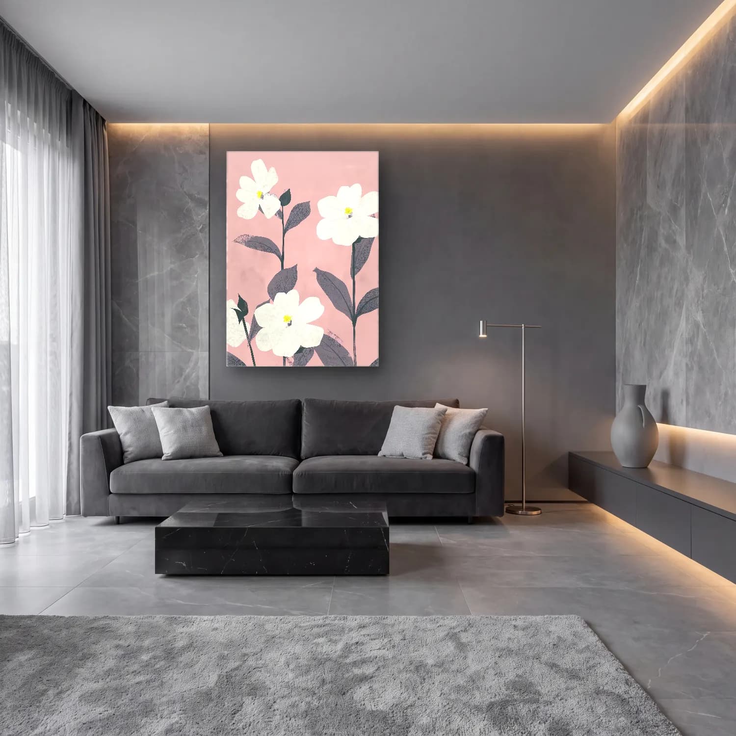 Pastel Manolya – Pembe Tonlar cam tablo — lüks salon duvarında