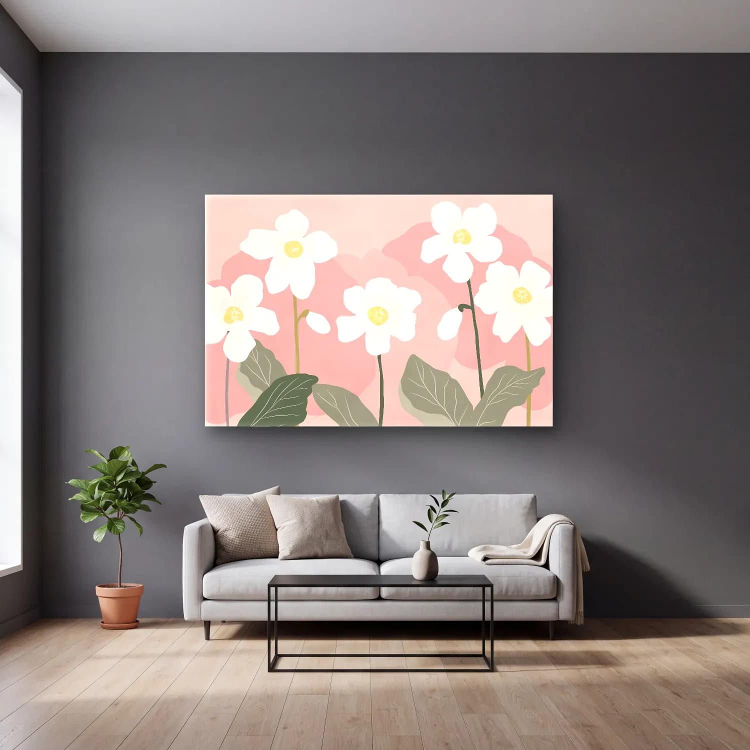 Pastel Çiçek Deseni No. 28 cam tablo — gri duvarlı salonda
