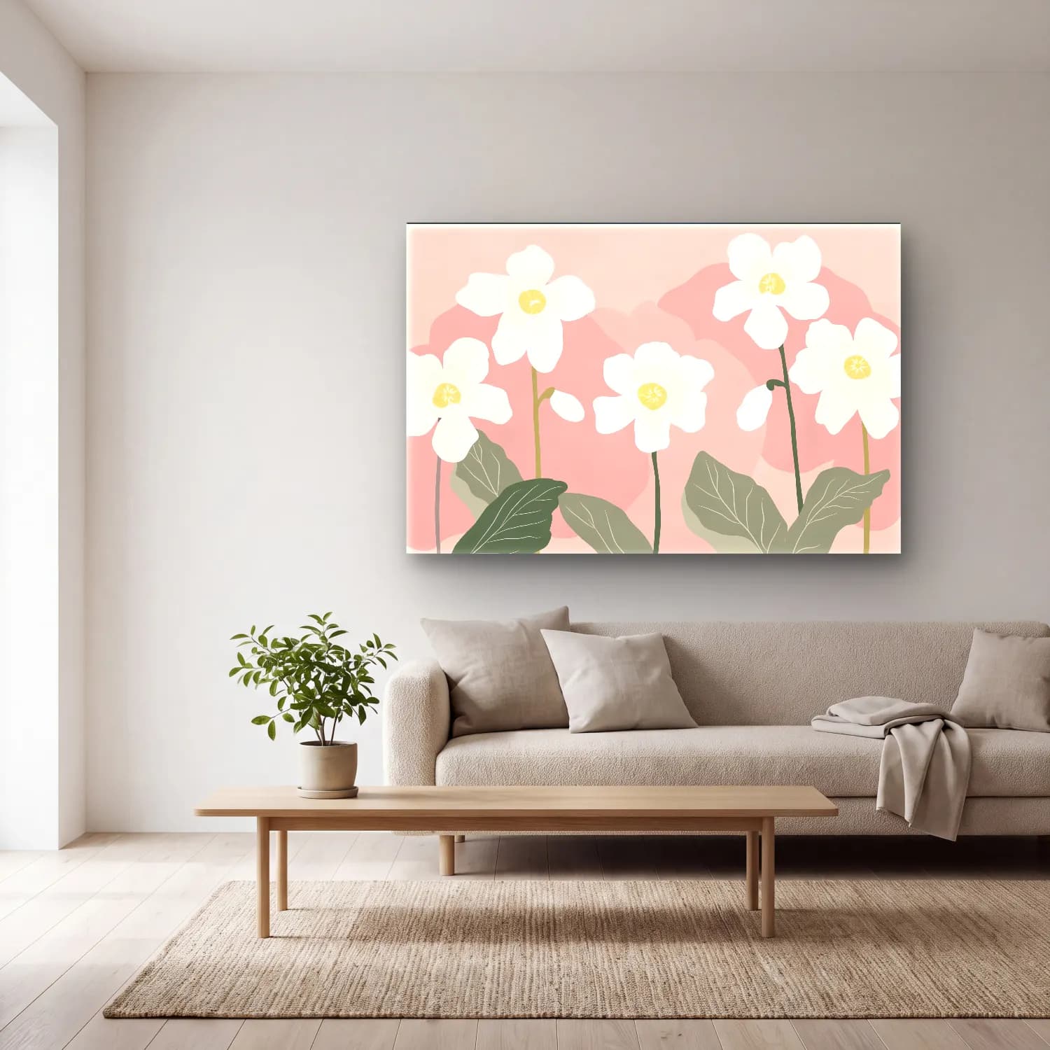 Pastel Çiçek Deseni No. 28 cam tablo — açık renk salonda