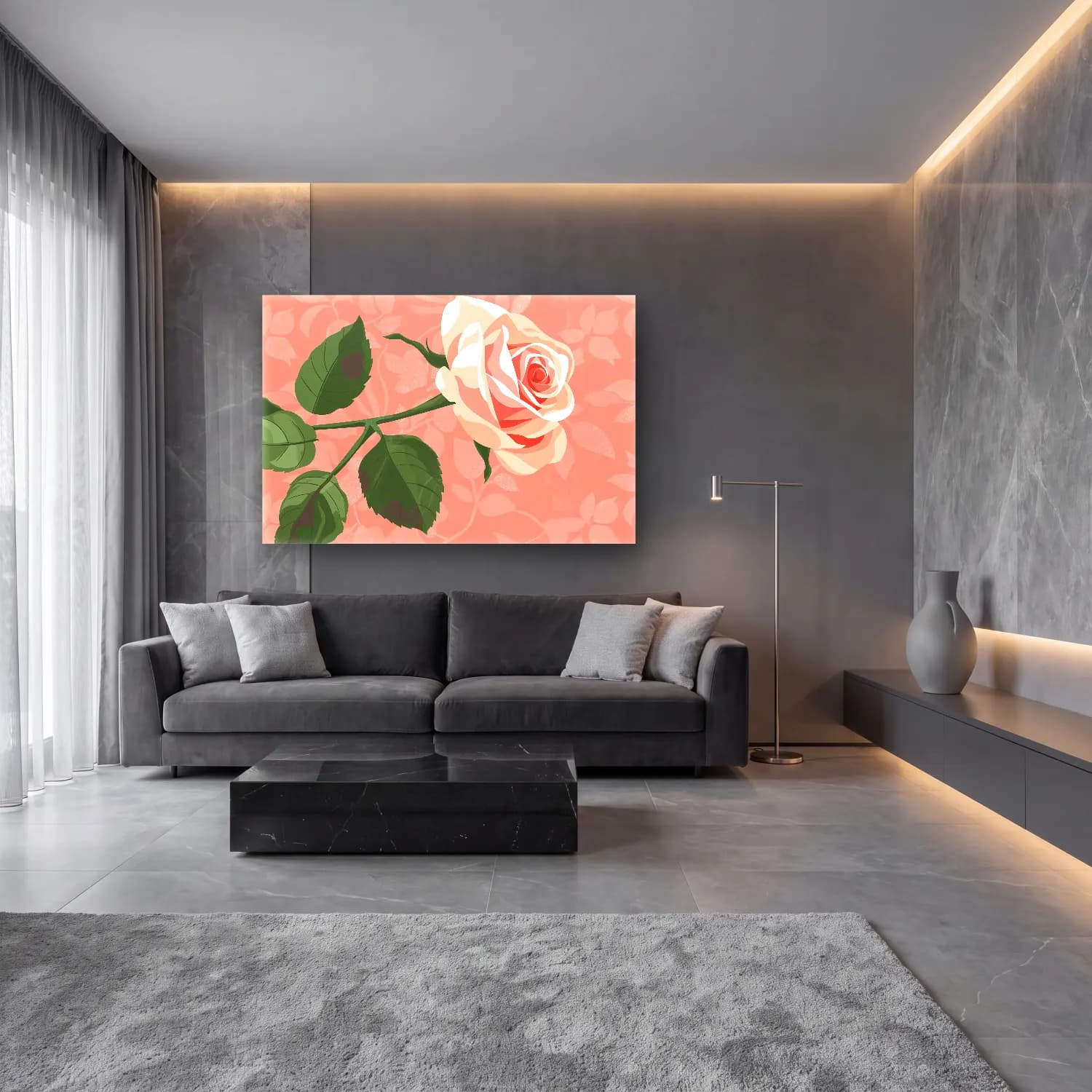 Pastel Güller No. 4 cam tablo — lüks salon duvarında