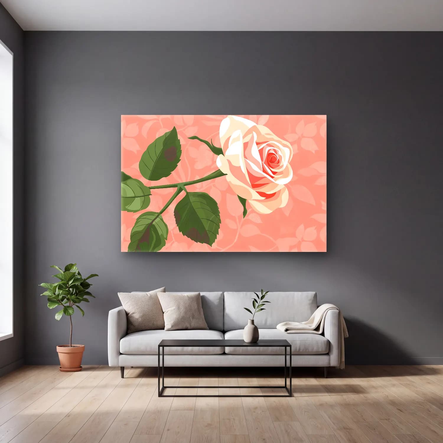 Pastel Güller No. 4 cam tablo — gri duvarlı salonda