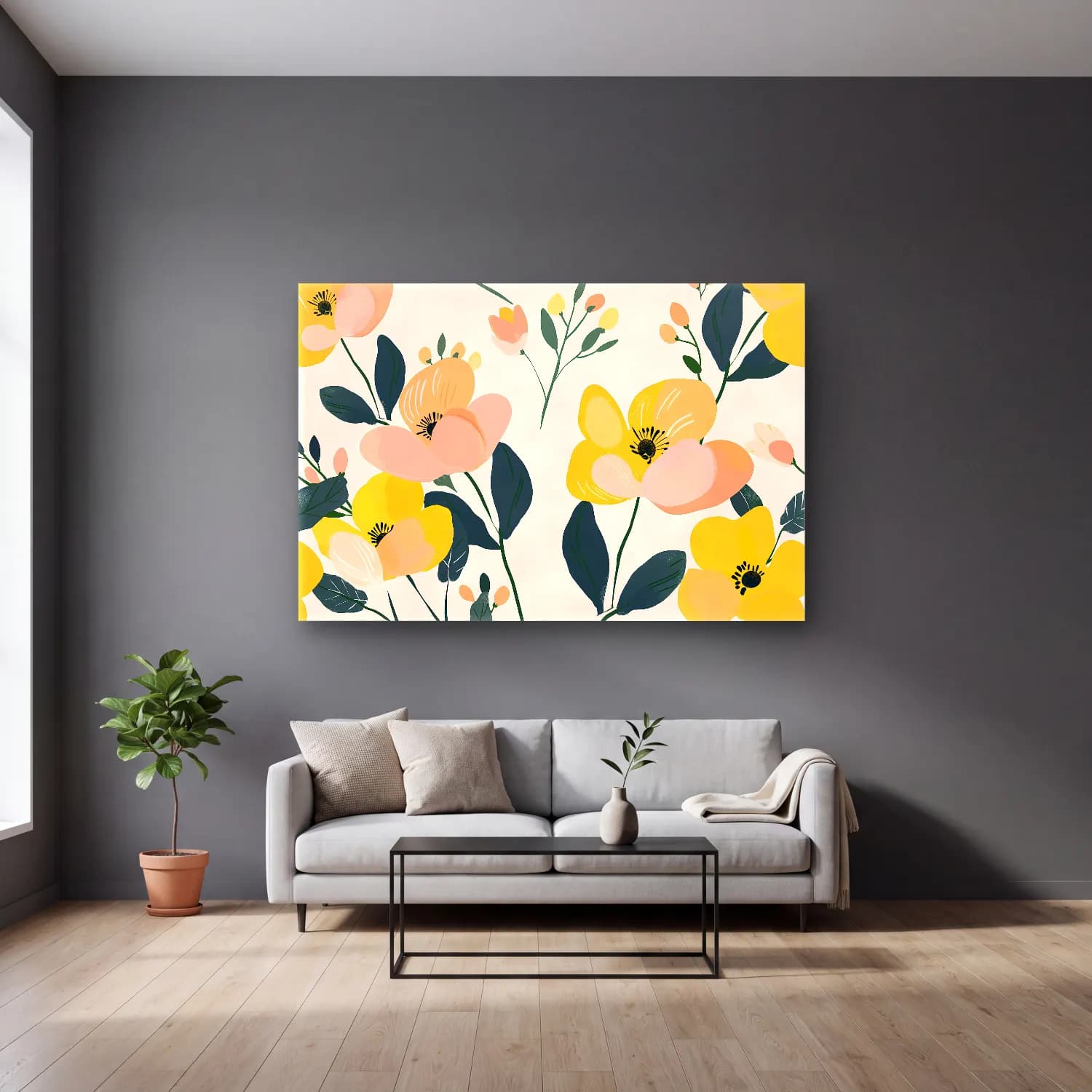 Pastel Çiçek Deseni No. 29 cam tablo — gri duvarlı salonda