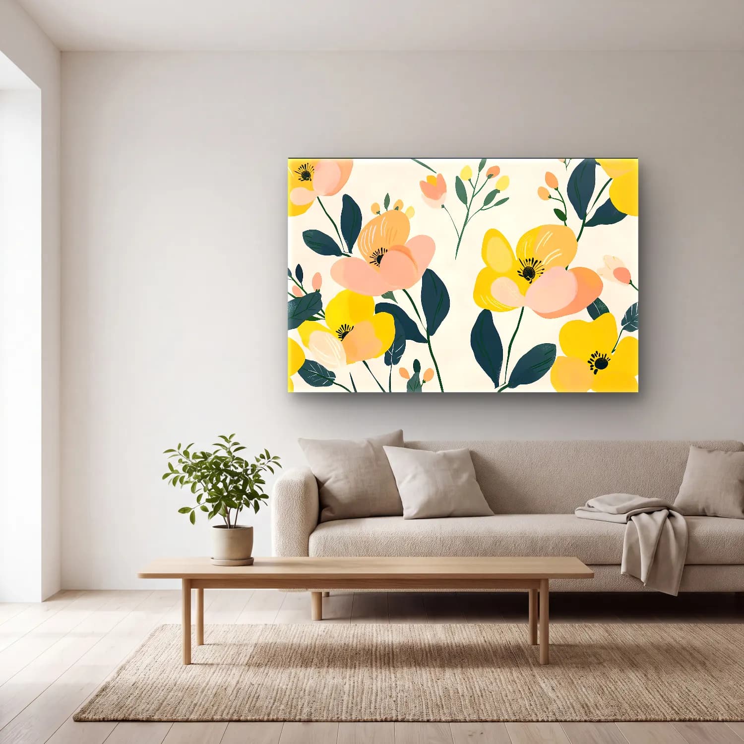 Pastel Çiçek Deseni No. 29 cam tablo — açık renk salonda