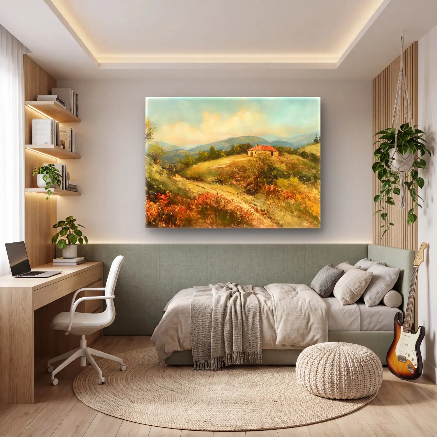 Yağlı Boya Kır Evi No. 4 cam tablo — genç odasında