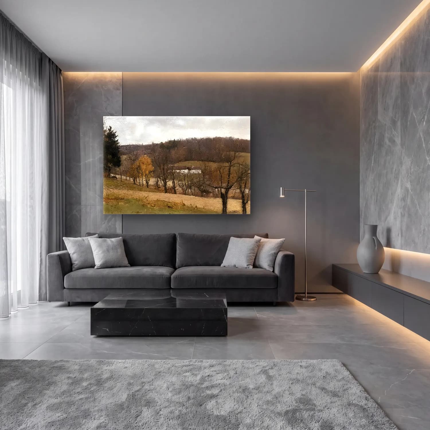 Yağlı Boya Kır Evi No. 7 cam tablo — lüks salon duvarında