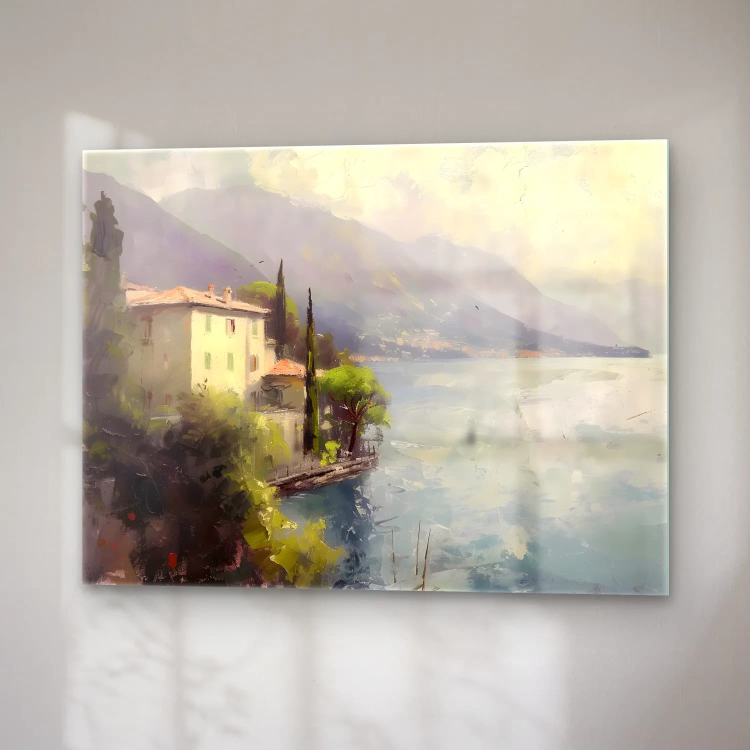 Empresyonist Göl ve Dağlar – Pastel Tonlar cam tablo — sağ açıdan görünüm