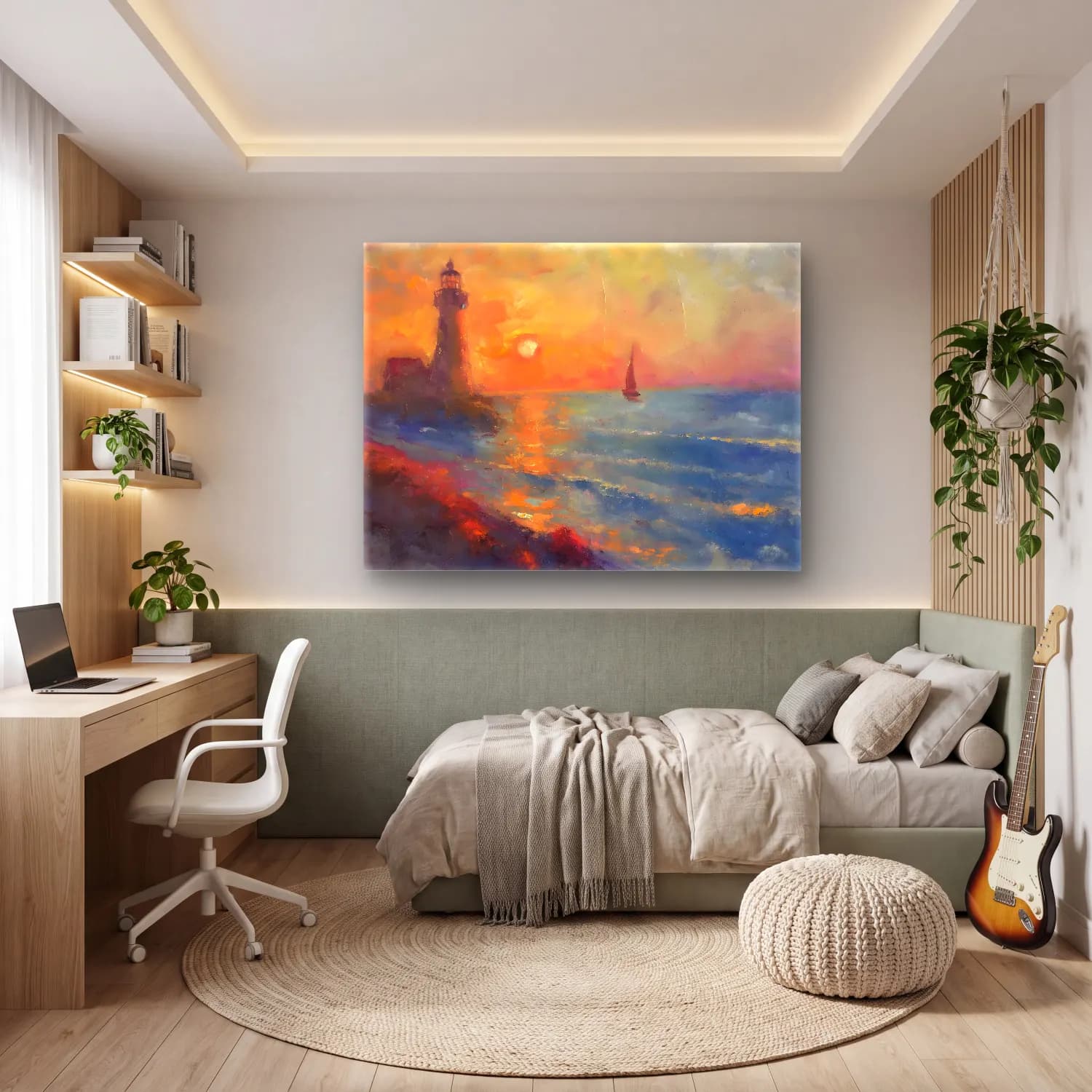 Empresyonist Deniz Feneri – Pastel Tonlar cam tablo — genç odasında