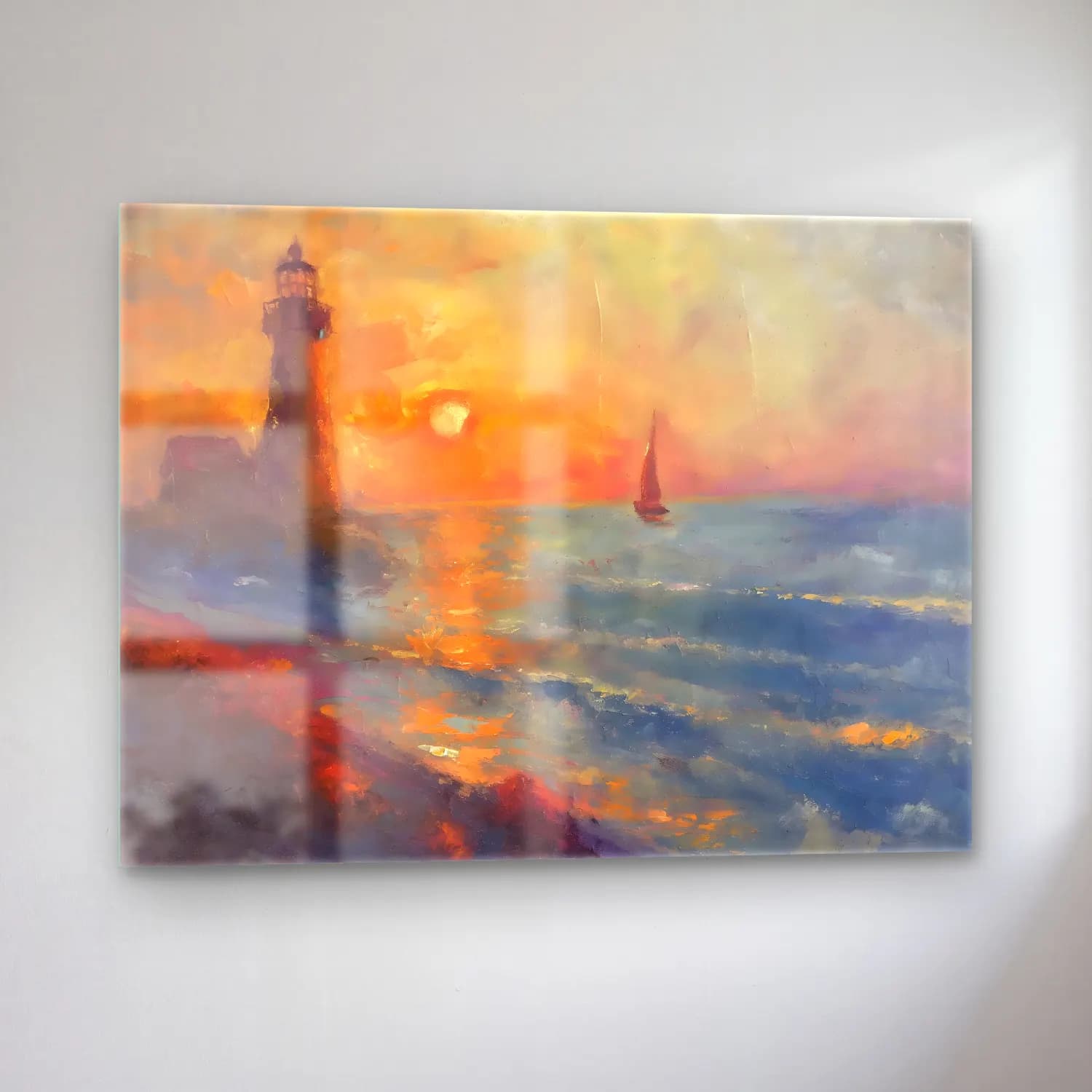 Empresyonist Deniz Feneri – Pastel Tonlar cam tablo — sol açıdan görünüm