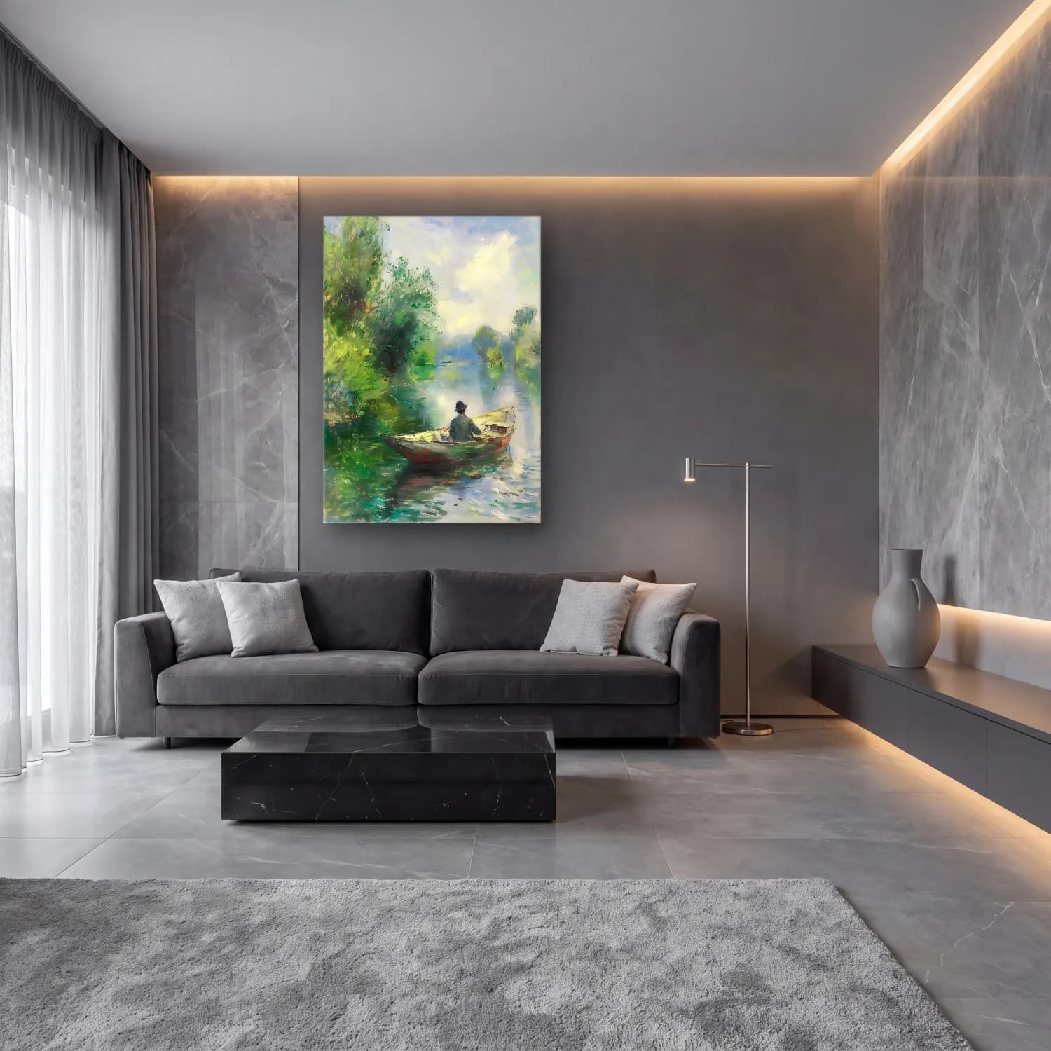 Empresyonist Kırda Nehir No. 7 cam tablo — lüks salon duvarında