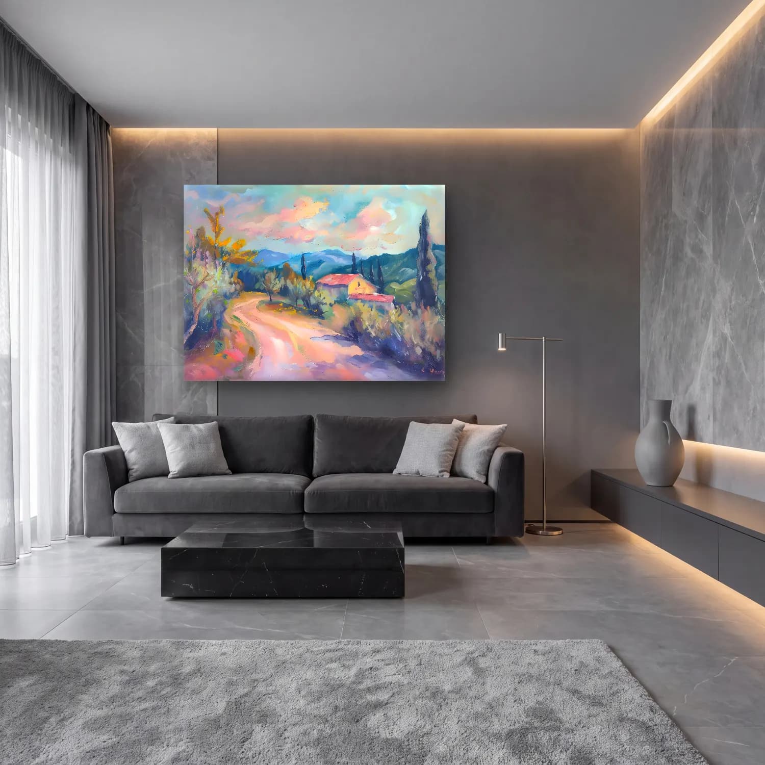 Empresyonist Kır Evi No. 5 cam tablo — lüks salon duvarında
