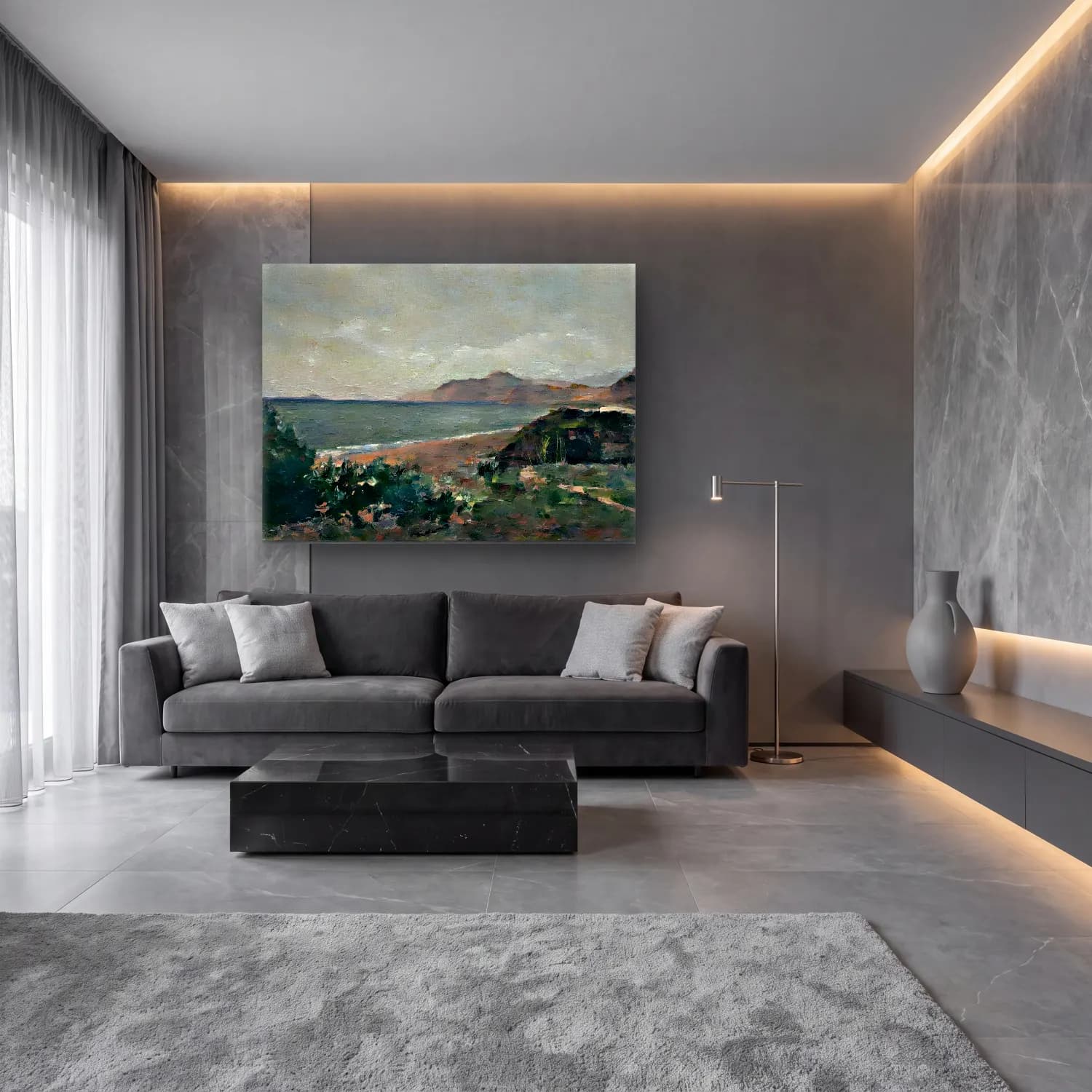 Empresyonist İtalyan Sahili No. 4 cam tablo — lüks salon duvarında