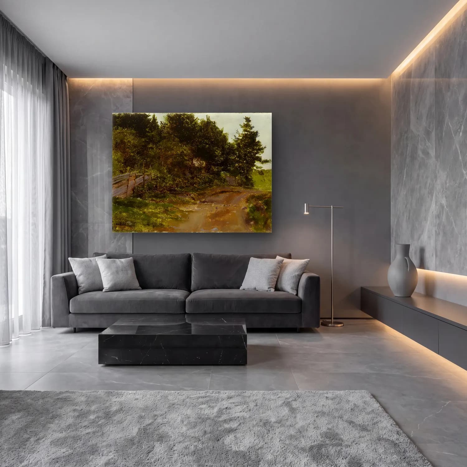 Yağlı Boya Kırda Nehir No. 21 cam tablo — lüks salon duvarında