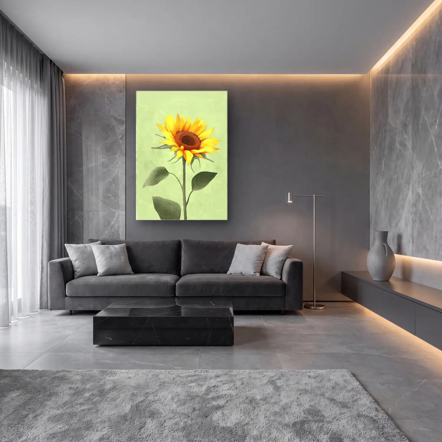 Botanik İllüstrasyon Ayçiçekleri No. 4 cam tablo — lüks salon duvarında